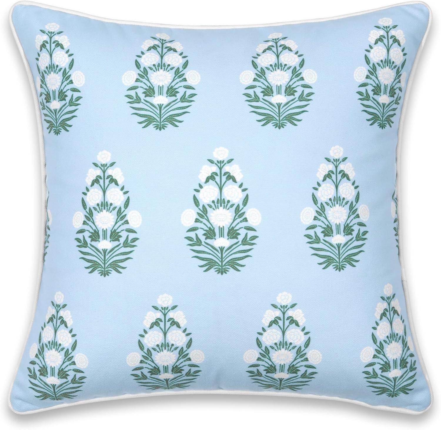 Hofdeco Premium Coastal Patio Indoor Outdoor Throw Pillow Cover Only, 18"x18" Water Repellent for Backyard, Couch, Baby Blue White Green Floral with Piping