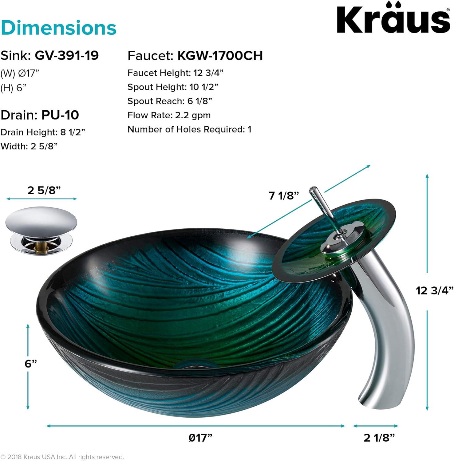 Kraus Nei Glass Bathroom Vessel Sink and Waterfall Faucet Set with Pop-Up Drain