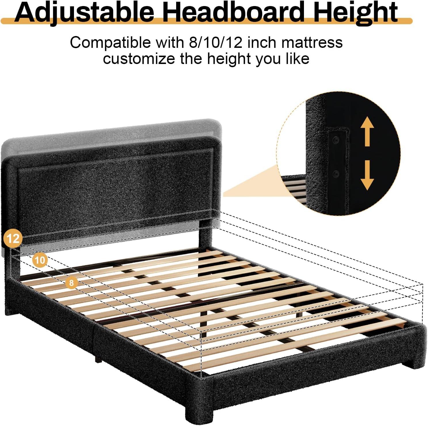 Queen Size Boucle Bed Frame, Upholstered Cloud Bed Frame with Adjustable Headboard, Soft Rounded Corners, No Box Spring Required, Easy Assembly, Black