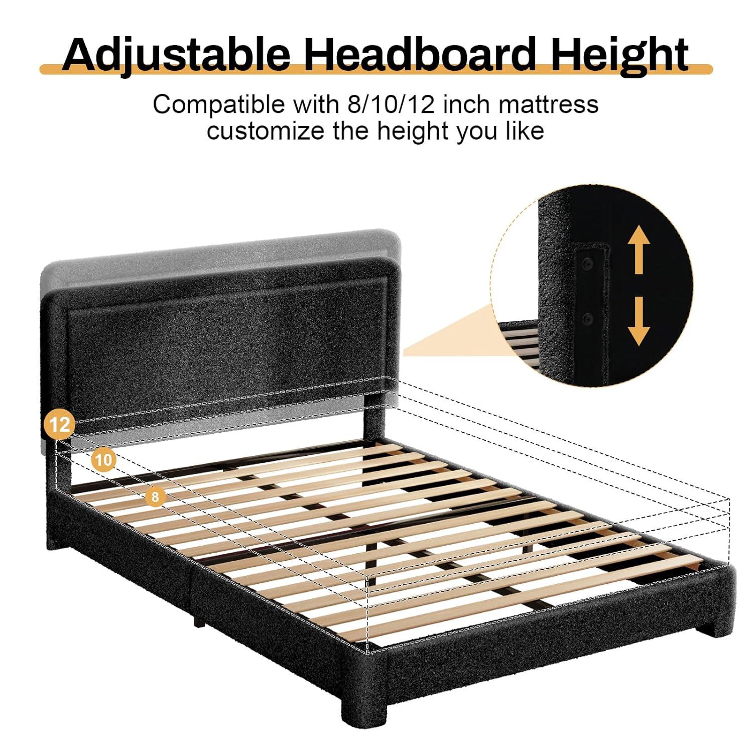 Queen Size Boucle Bed Frame, Upholstered Cloud Bed Frame with Adjustable Headboard, Soft Rounded Corners, No Box Spring Required, Easy Assembly, Black