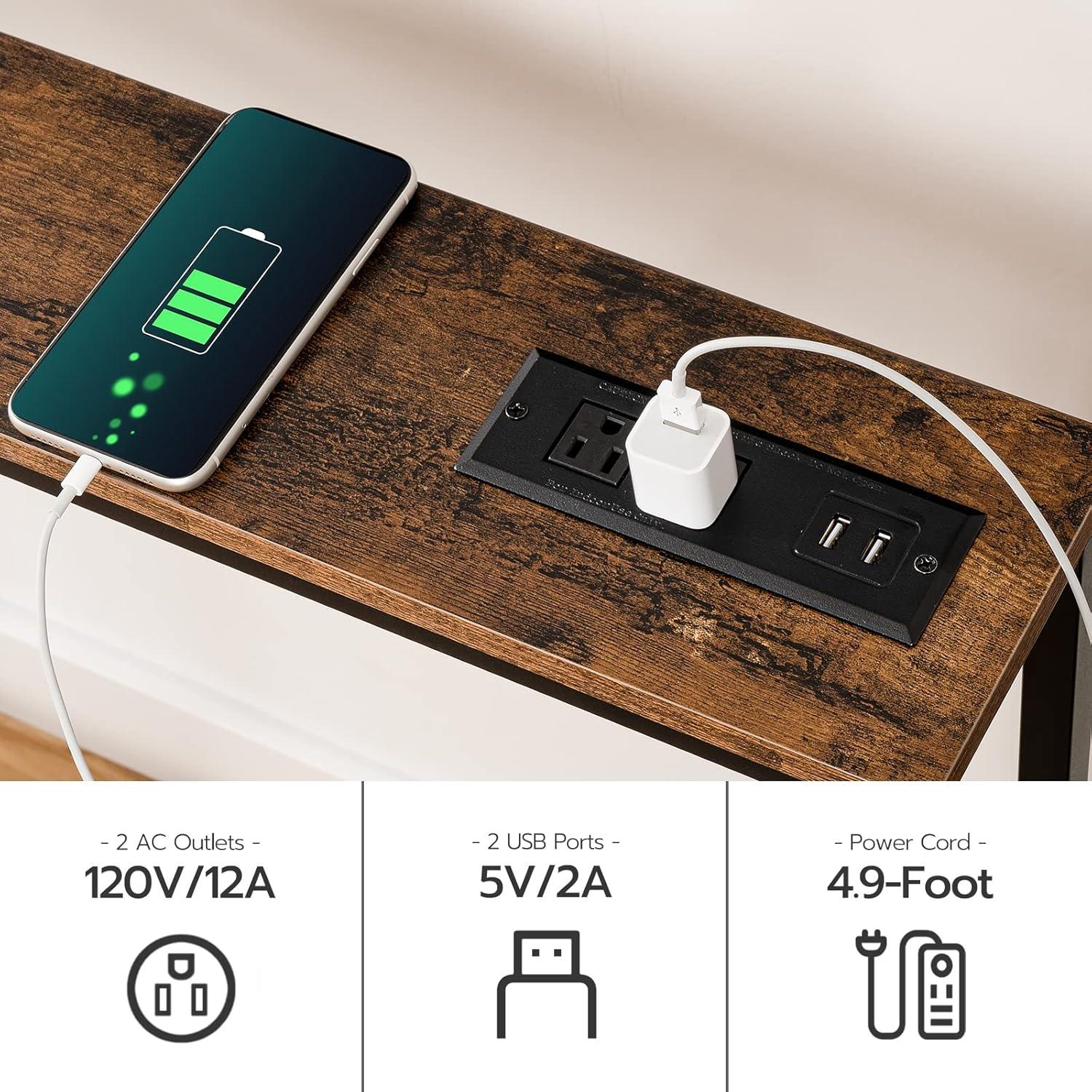 Console Table with Power Outlet, 63" Narrow Sofa Industrial Entryway Behind Couch Table with USB Ports for Entryway, Hallway, Foyer, Living Room, Bedroom CTHR16E01Z