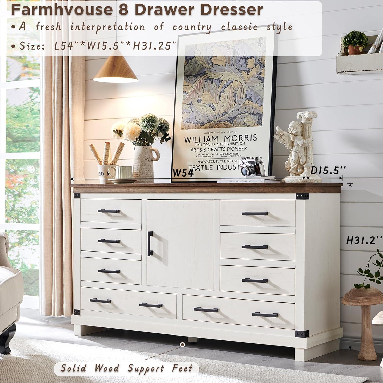 OKD Farmhouse 8 Drawer Dresser for Bedroom with Adjustable Shelf, Wood Long Chest of Drawers with Thick Plank Styling, Rustic Large Closet Dresser for Bedroom, Living Room, Antique White