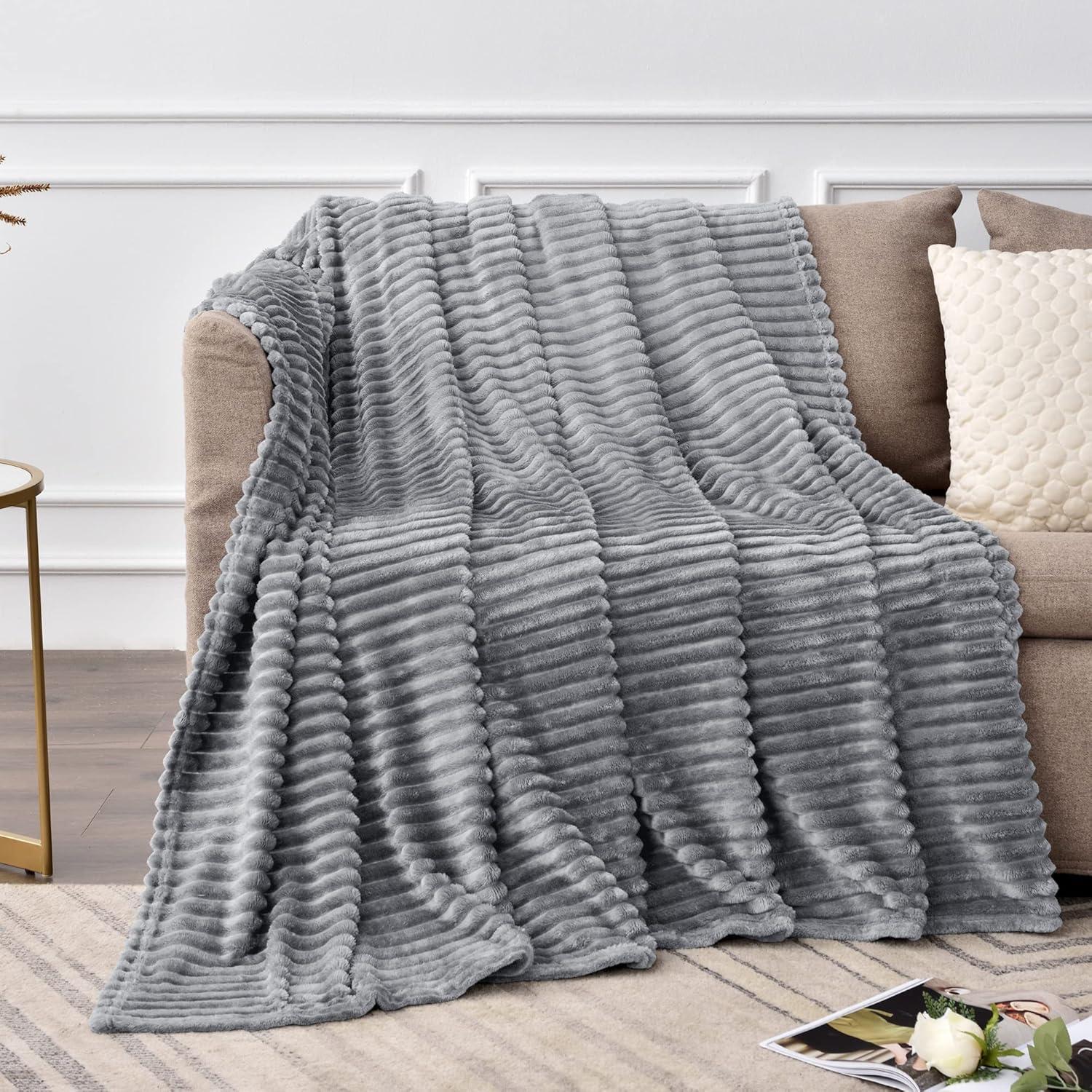 Gray 3D Ribbed Jacquard Fleece Throw Blanket 50x60 inches