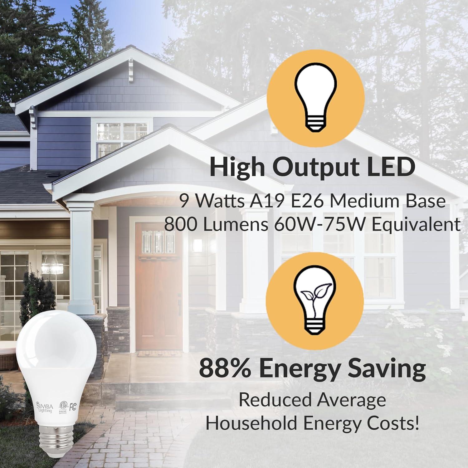 Simba Lighting LED A19 ETL Listed 9W 60W-75W Equivalent Dimmable Bulbs 120V E26 Base 5000K Daylight 6-Pack