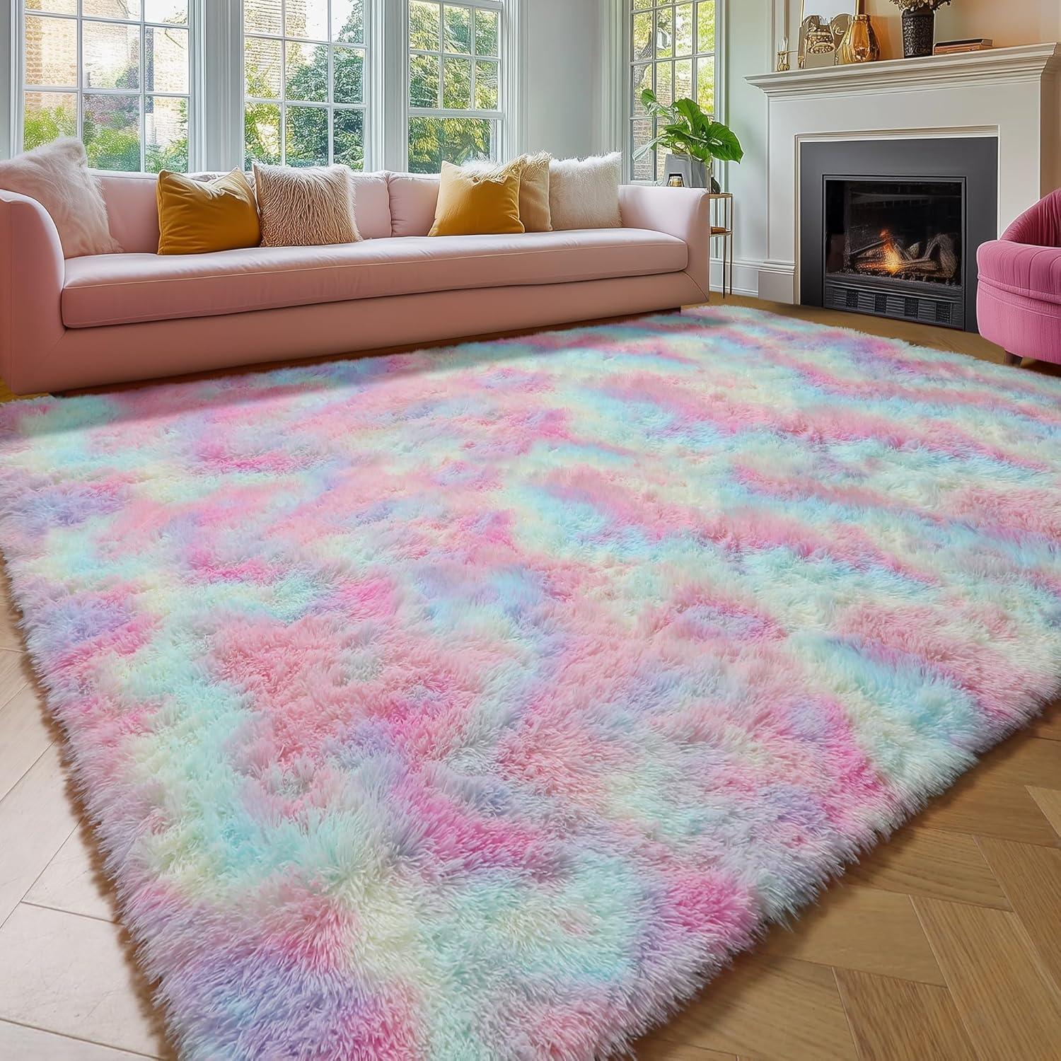 Amdrebio Rainbow Unicorn Colorful Kids Rugs for Girls Bedroom, 8x10 Fluffy Shag Area Rugs for Playroom Classroom, Large Pastel Room Decor Aesthetic, Cute Fuzzy Kawaii Princess Carpet for Baby Toddler