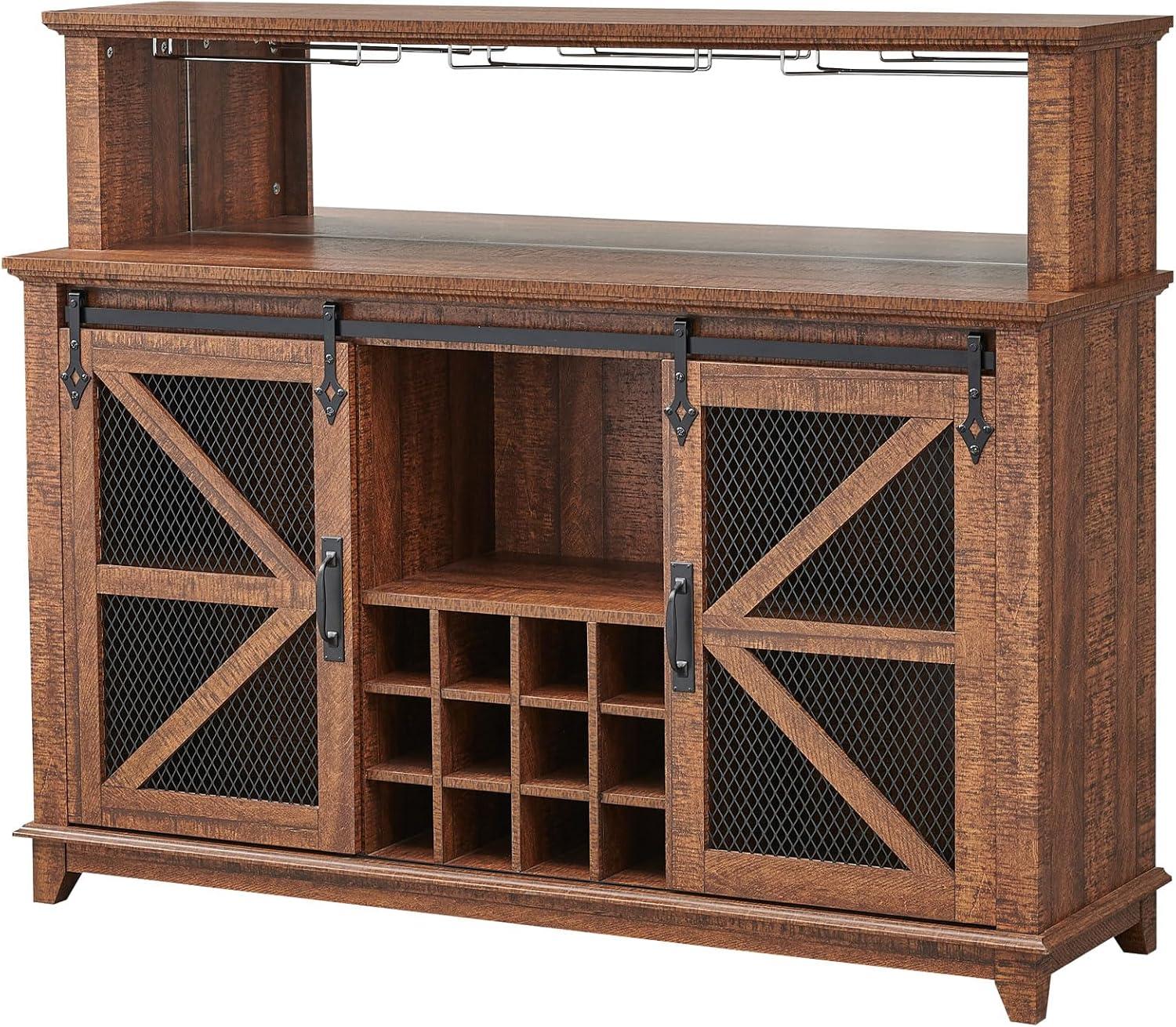 OKD 55" Coffee Bar Cabinet with LED Lights & Sliding Barn Door & Wine and Glass Rack, Wine Bar Cabinet w/Storage Shelves for Dining