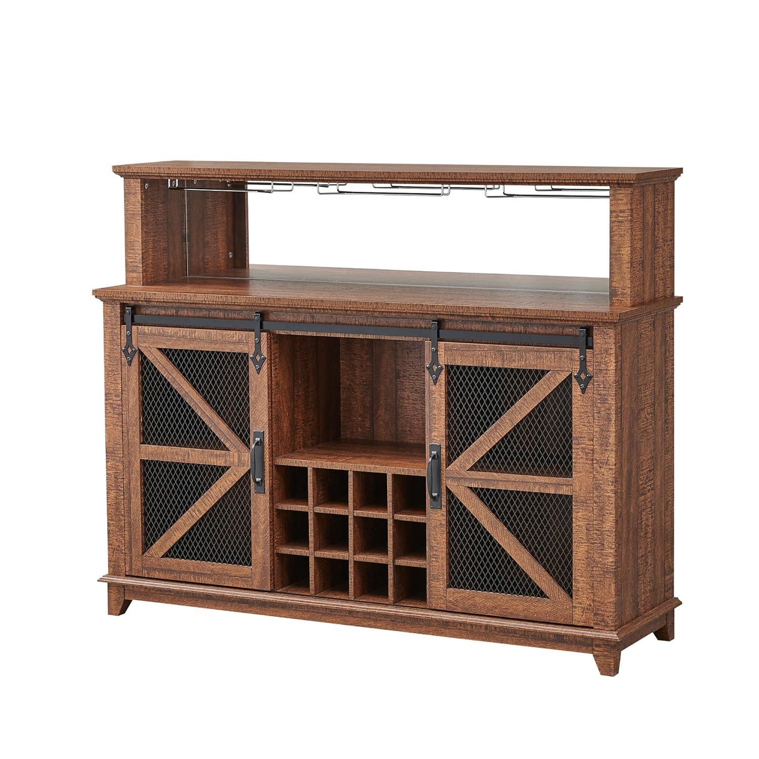 SinCiDo 55" Coffee Bar Cabinet with LED Lights & Sliding Barn Door & Wine and Glass Rack, Wine Bar Cabinet w/Storage Shelves, Reclaimed Barnwood