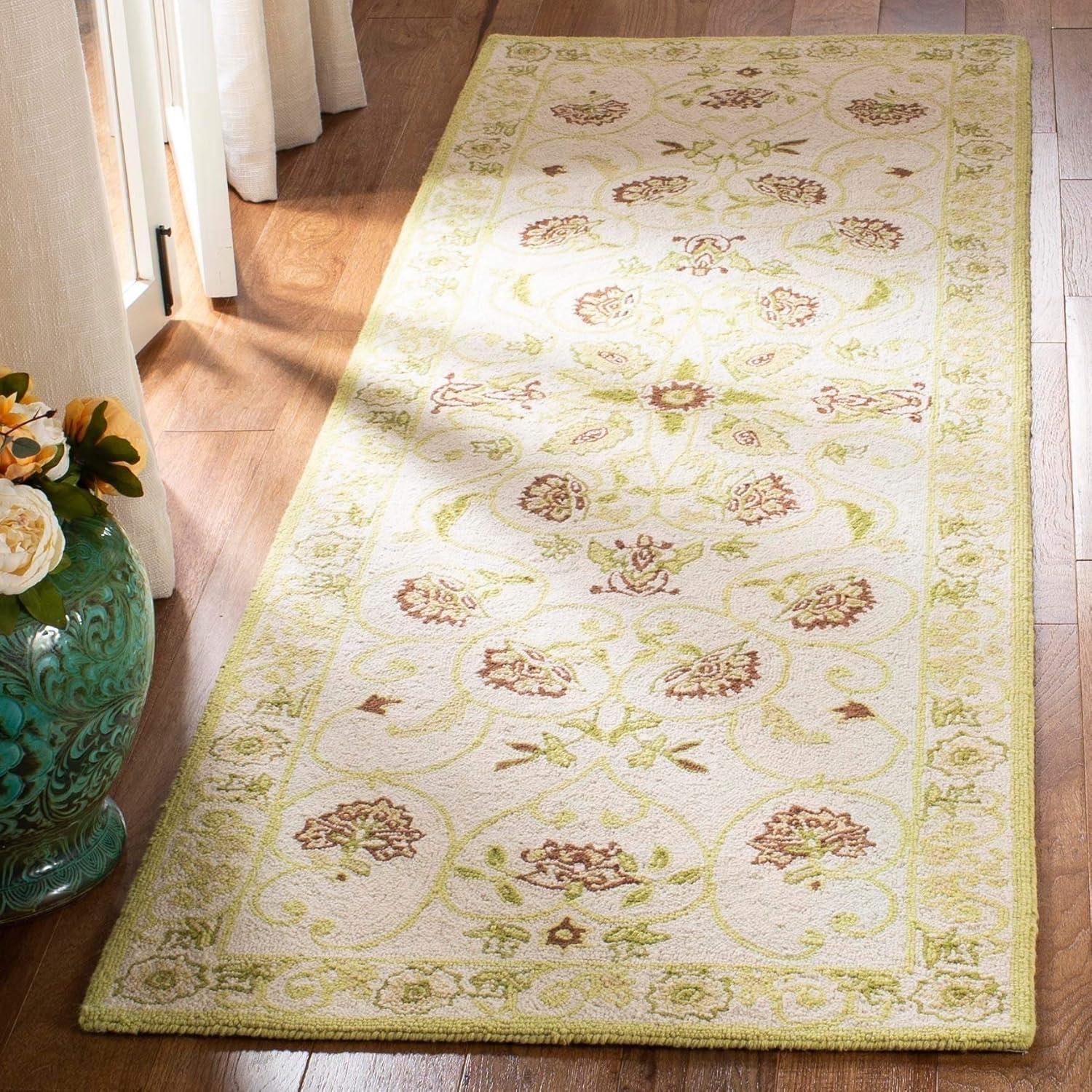 Beige and Green Hand-Hooked Wool Floral Area Rug