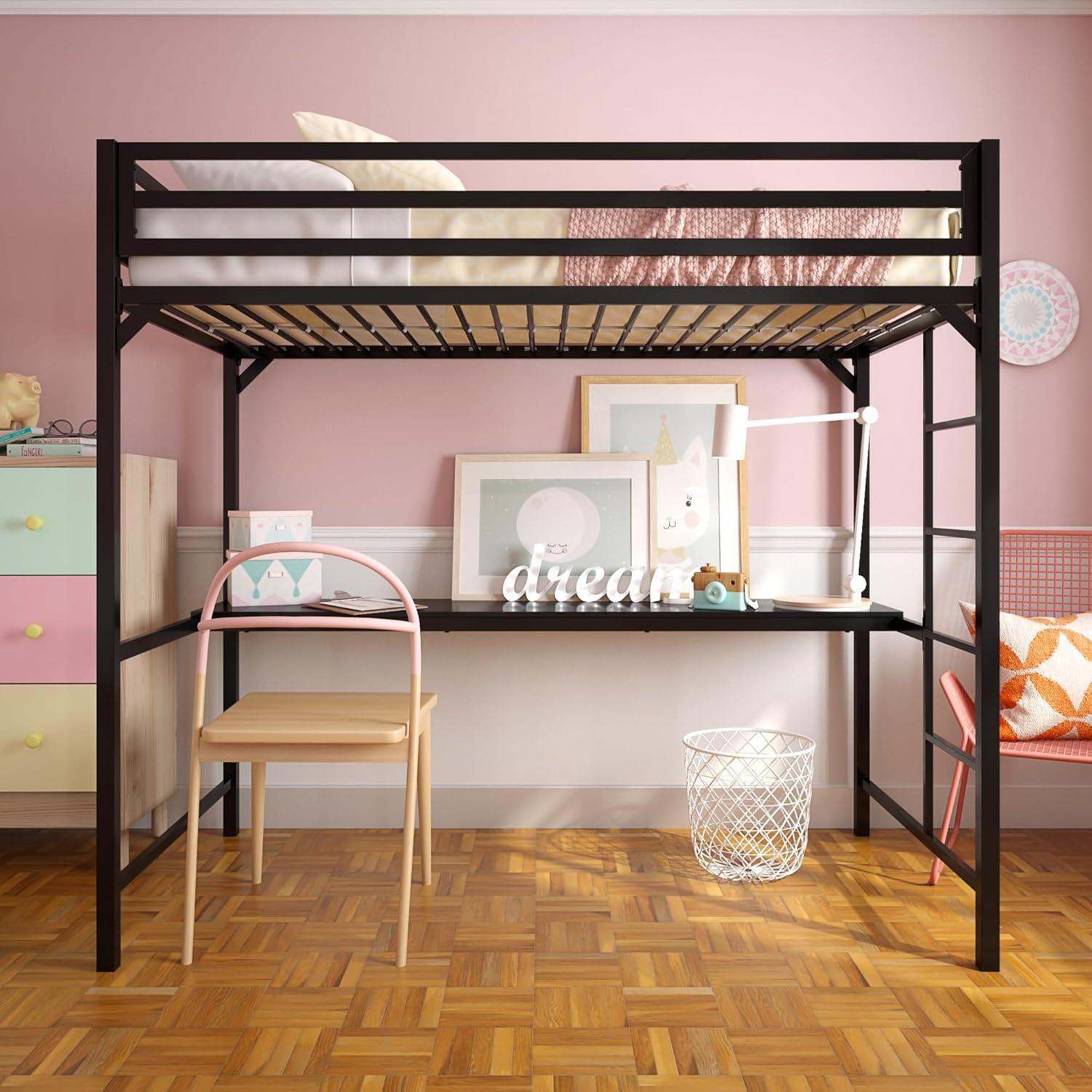 DHP Miles Metal Twin Loft Bed with Desk, White