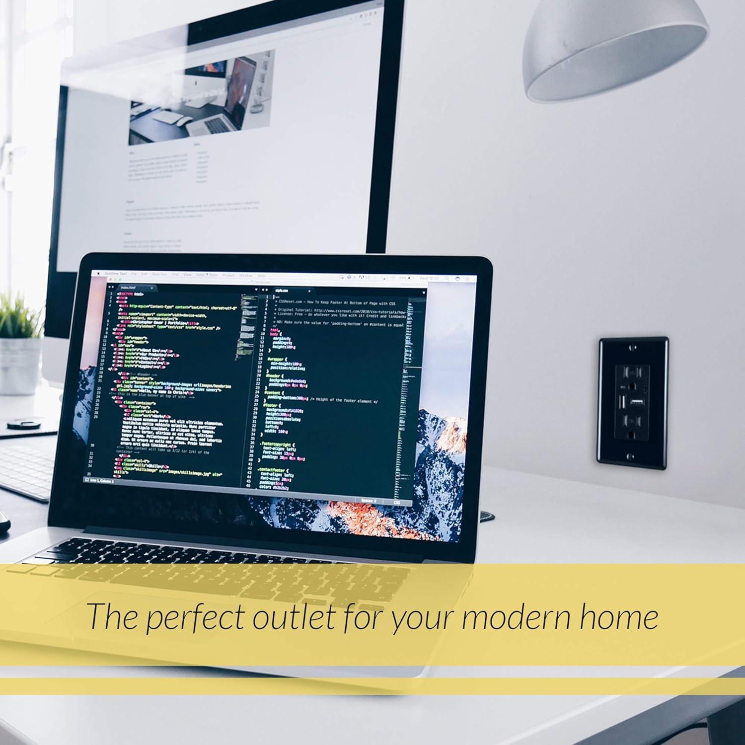 Faith 4.6A USB Outlet and 15A Decorator Tamper-Resistant Duplex Receptacle with Wall Plate, Black, 2-Pack