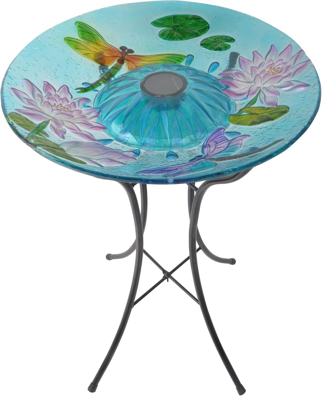 18" Light Blue Glass Dragonfly Solar Birdbath with Stand