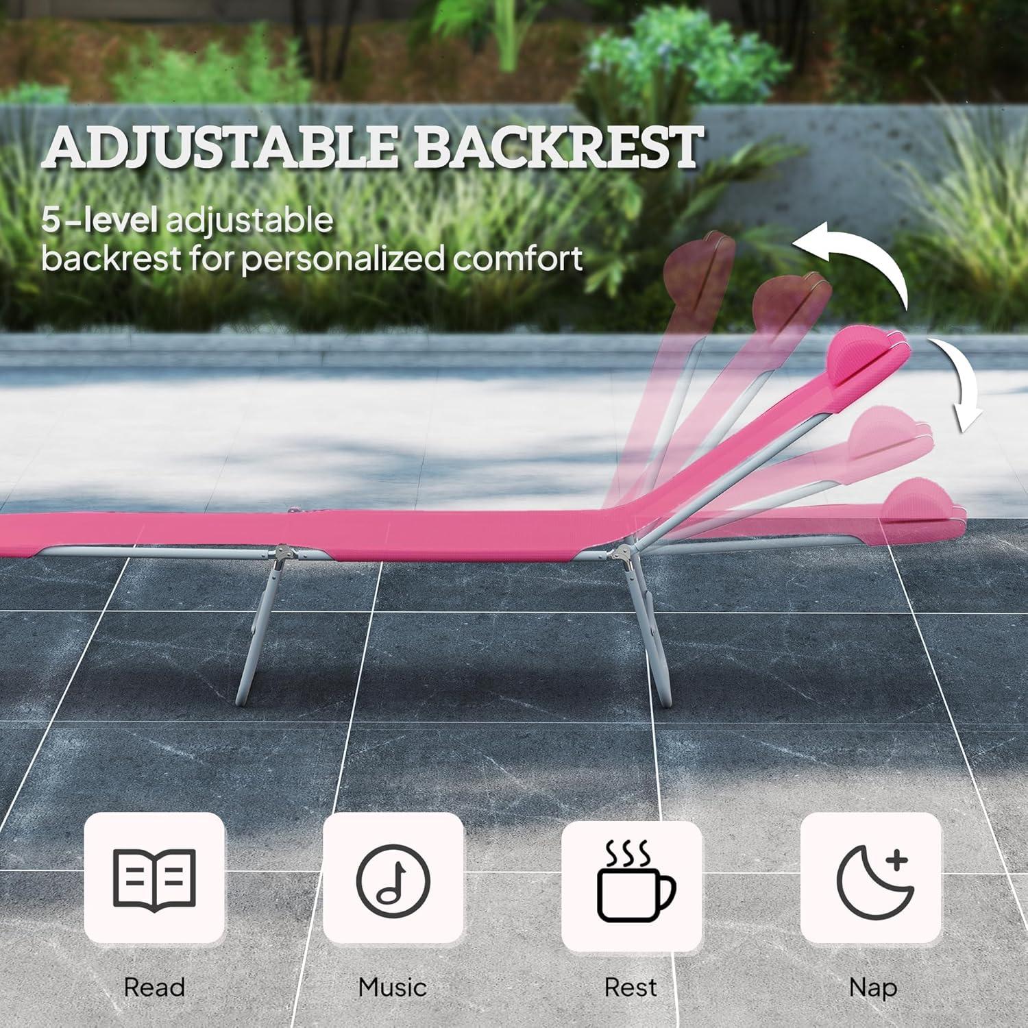 Outsunny Foldable Outdoor Chaise Lounge Chair, 5-Level Reclining Camping Tanning Chair with Breathable Mesh Fabric and Headrest, Pink