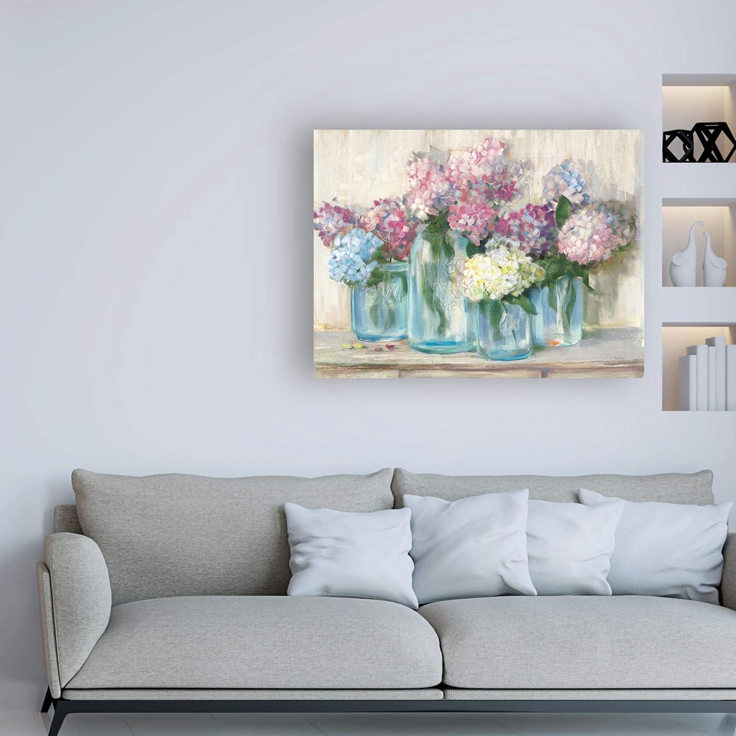 Trademark Fine Art -Carol Rowan 'Hydrangeas in Glass Jar Pastel Crop' Canvas Art - 18''x24''