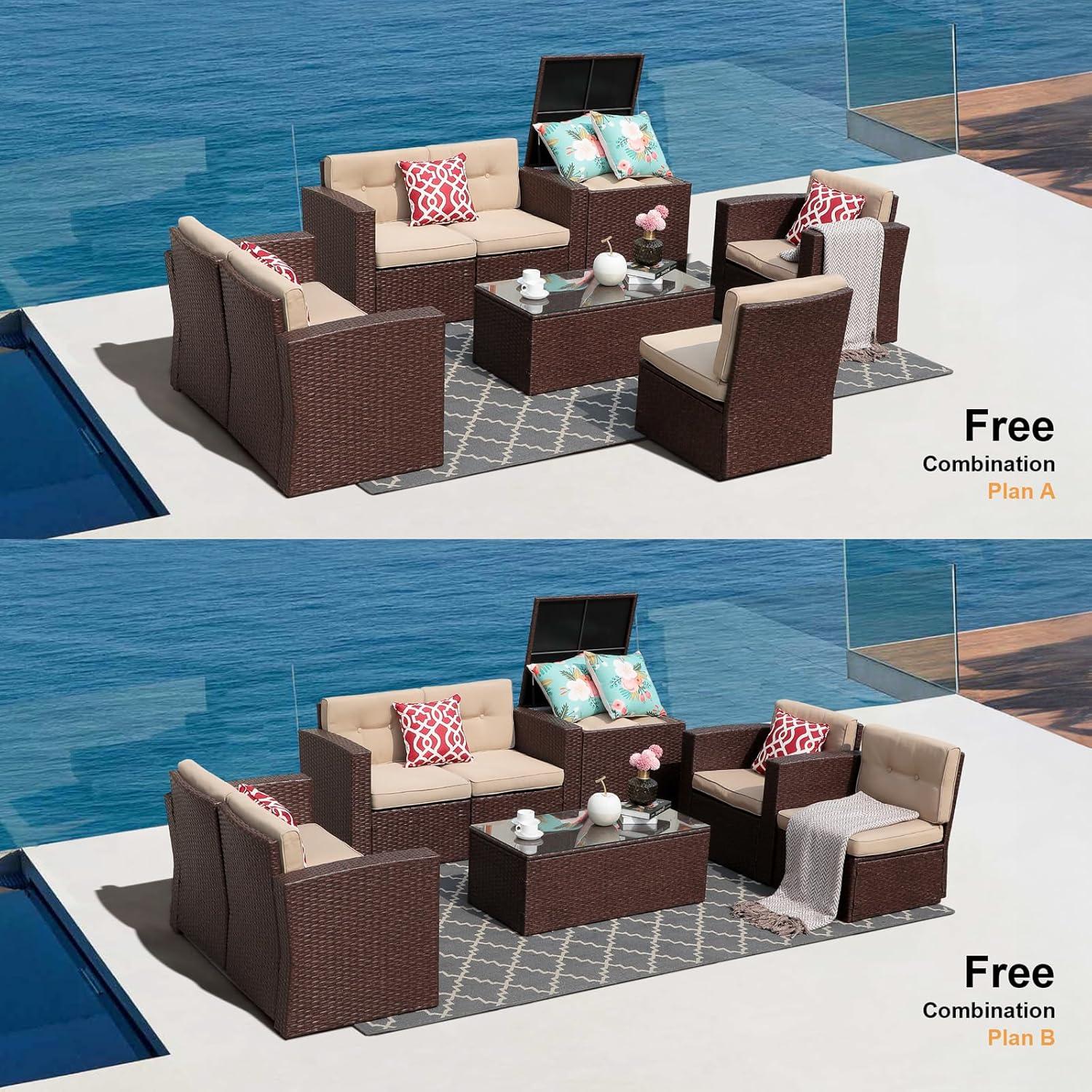 8-Piece Beige and Brown Wicker Patio Sectional Set