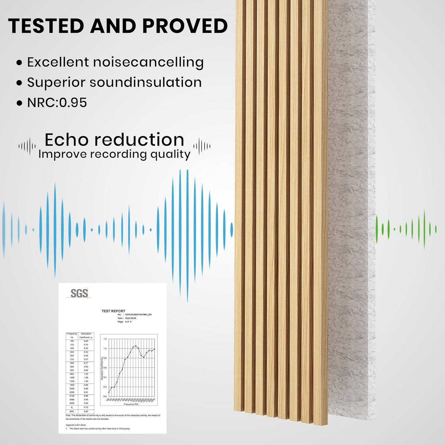 LOVMOR 0.83 in. x 7.87 ft. x 1 ft. Slat Wood Sound Absorbing Natural Oak (Grey Felt) Decorative Wall Paneling 2-Pack