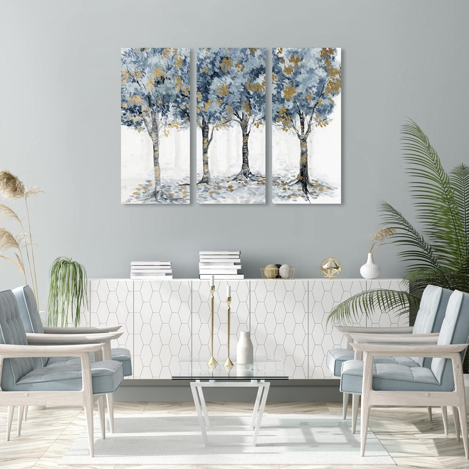 Blue and Gold Floral Landscape 3-Panel Canvas Wall Art