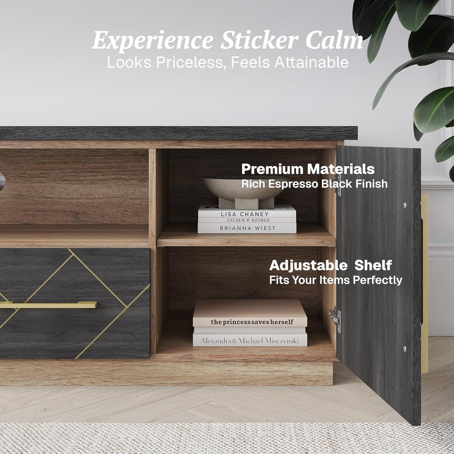 BELLEZE 70 Inch Modern TV Stand with Gold Trim, Elegant Entertainment Center with Storage, Media Console Table with Drawers & Open Shelves for Living Room, Bedroom, Home Theater (Espresso Black)