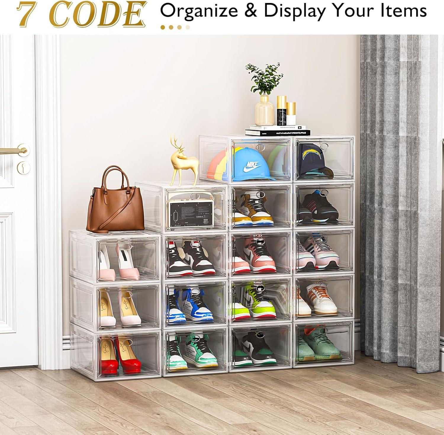 Large Clear Stackable Plastic Shoe Organizer with Magnetic Door