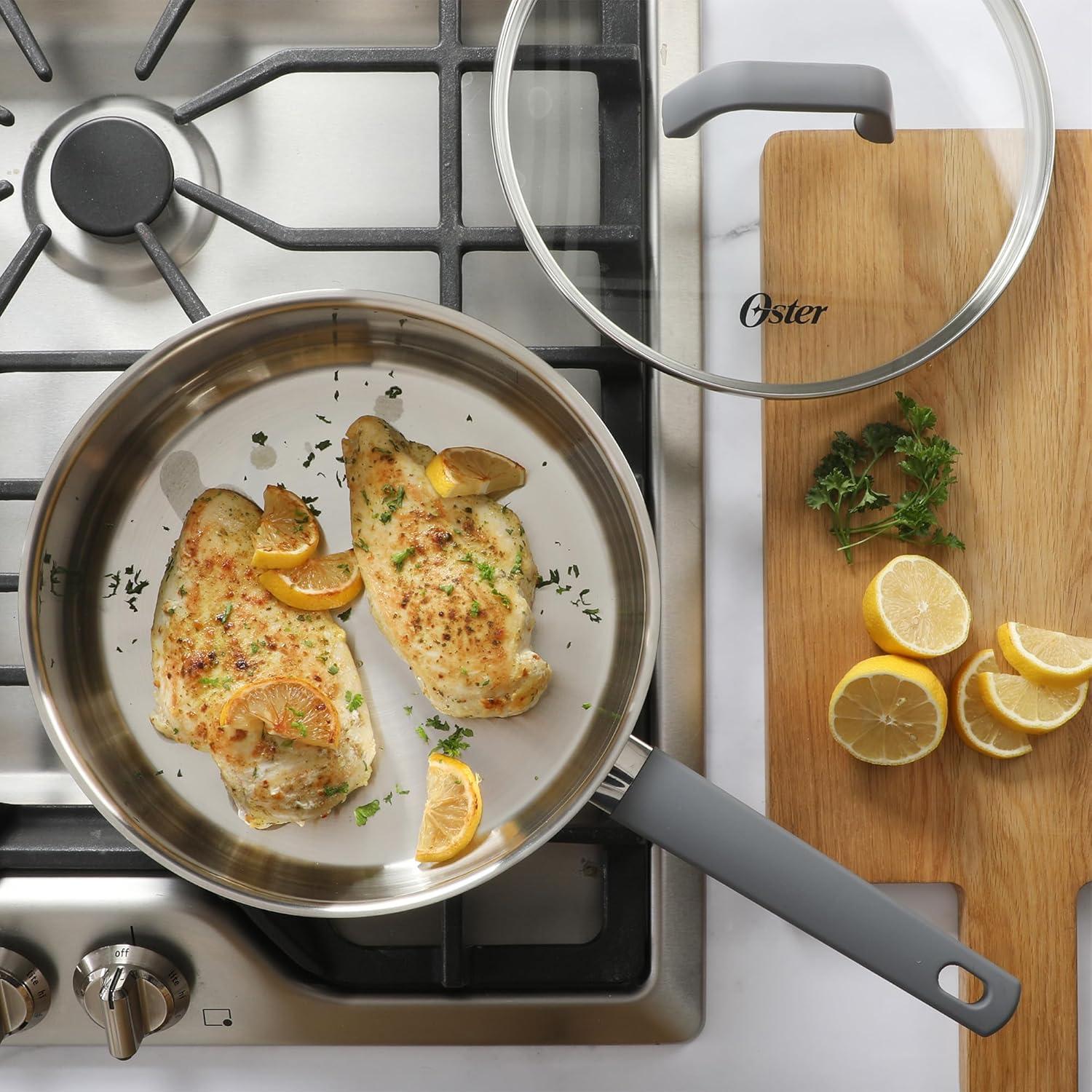Oster Beauford 9 Piece Stainless Steel Non-Toxic Pots and Pans Cookware Set W/ Tri-Ply Encapsulated Bottom & Soft Touch Handles