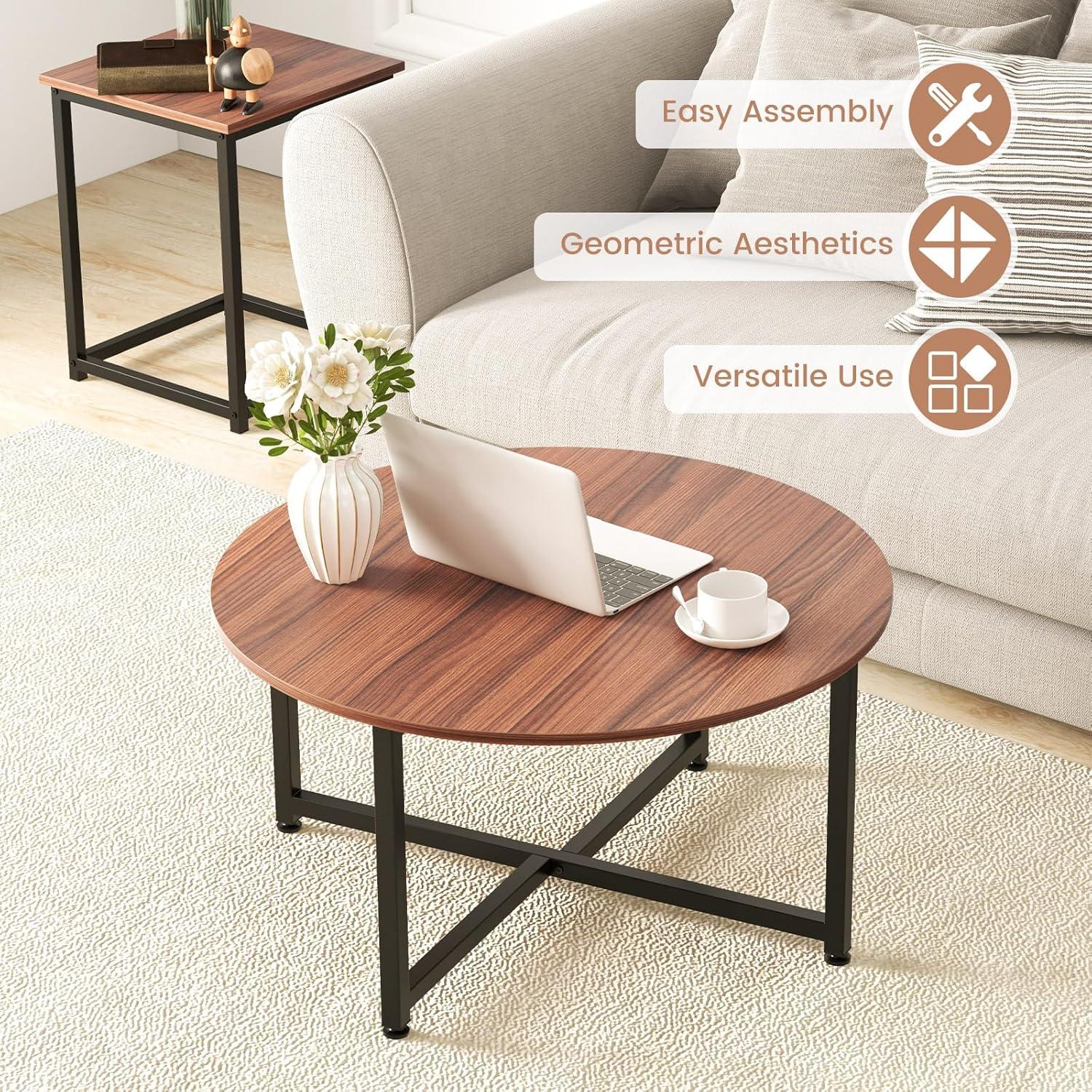 Costway 3 PCS Coffee Table Set Round Coffee Table and 2PCS Square End Tables Metal Frame White/Gray/Walnut