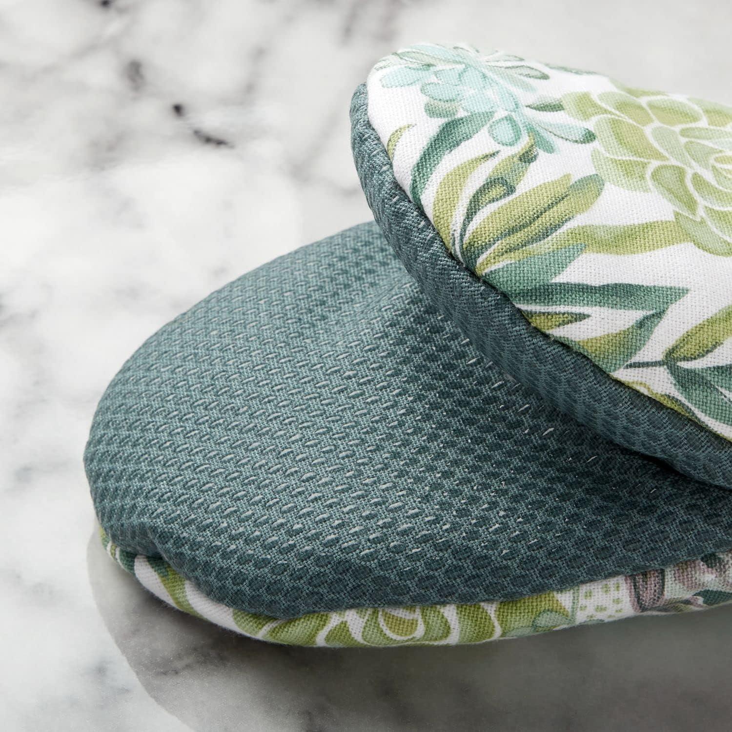 Green Succulent Print Cotton Silicone Oven Mitts, 2-Piece Set