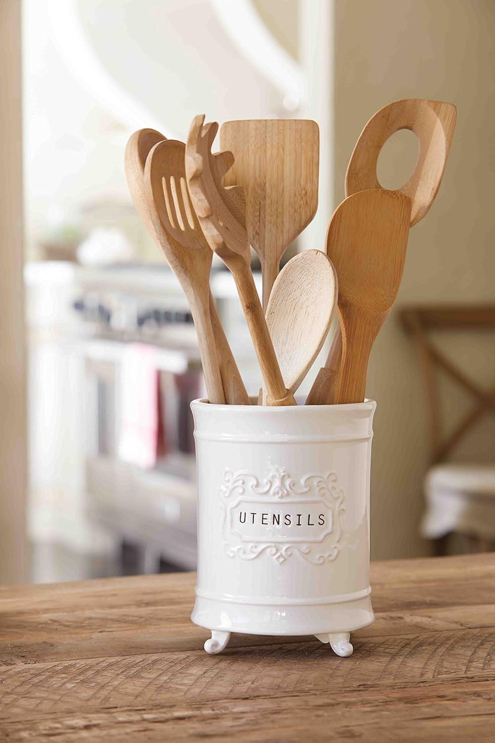 Vintage White Ceramic Utensil Holder with Footed Base