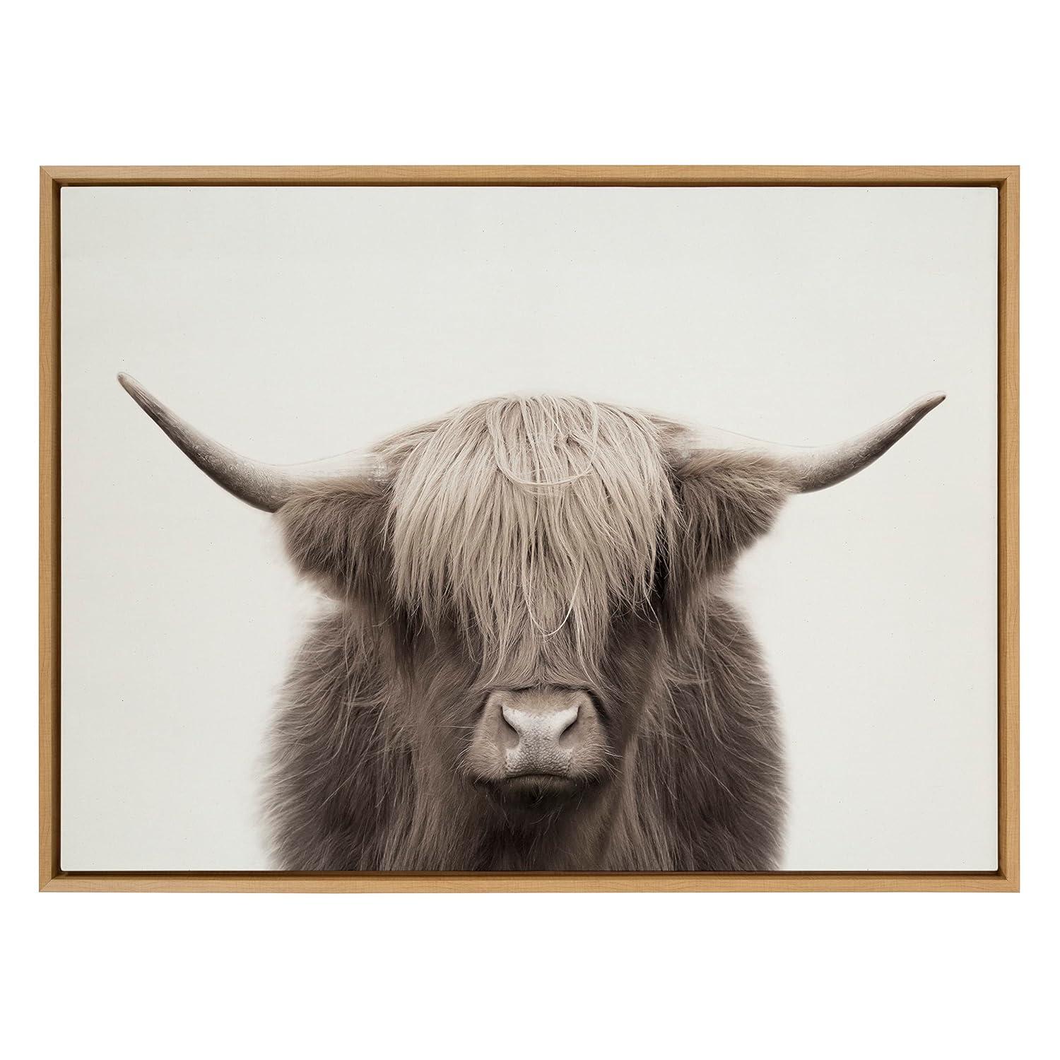 Kate and Laurel Sylvie Hey Dude Highland Cow Color Framed Canvas by The Creative Bunch Studio, 31.5 x 41.5, Natural