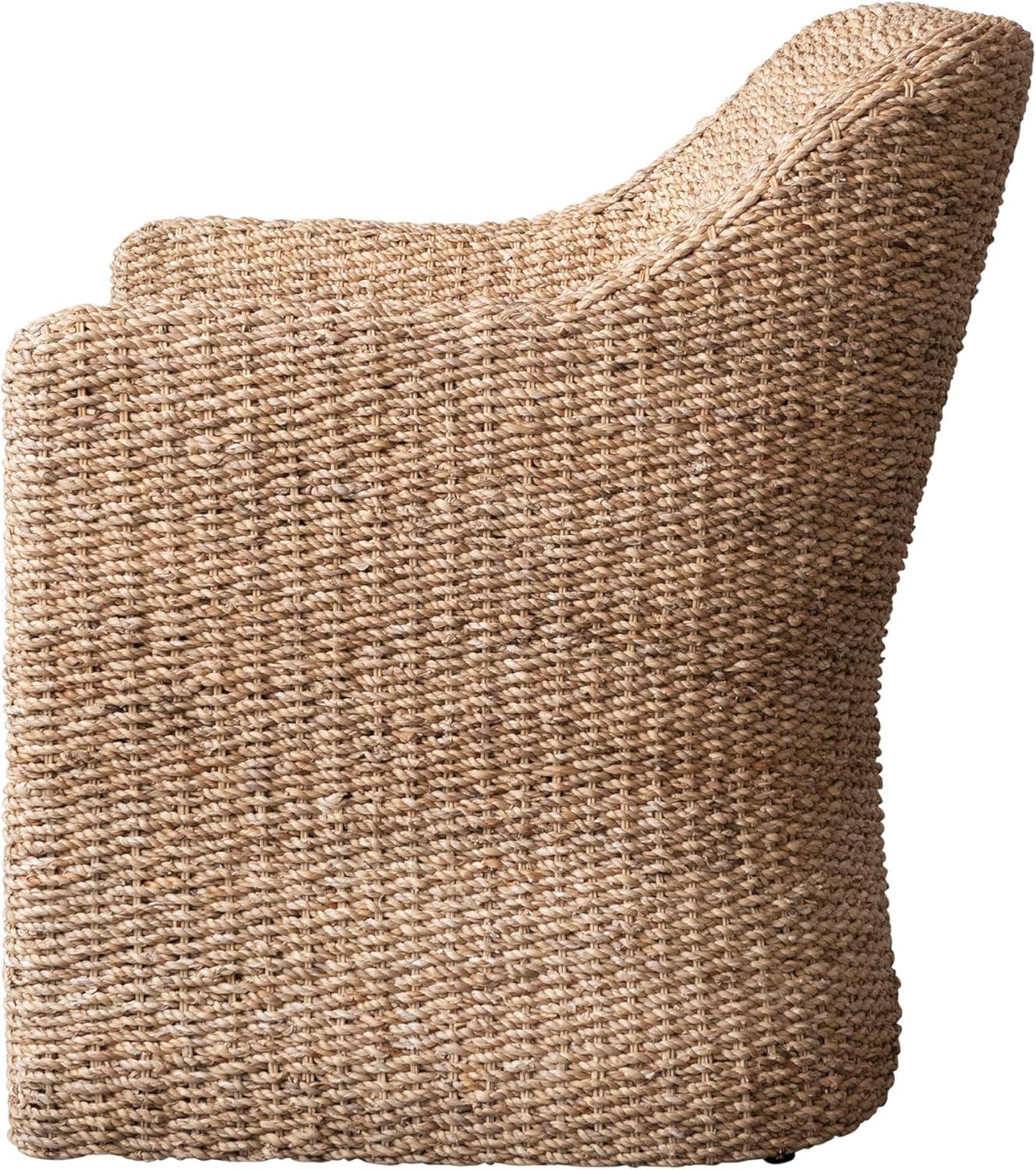 Natural and Cream Woven Water Hyacinth and Acacia Wood Outdoor Lounge Chair with White Cushion
