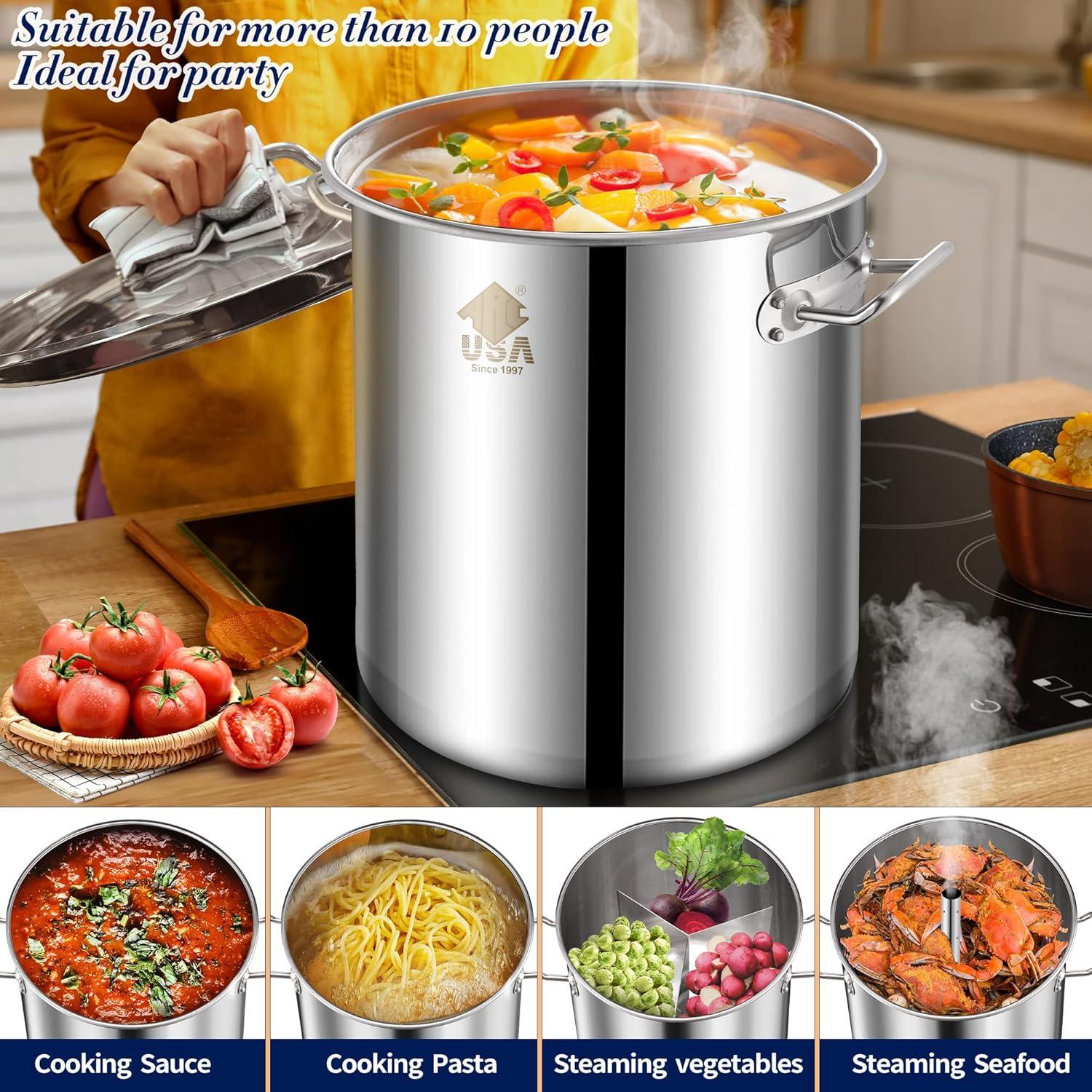 ARC USA 40QT Multi-Functional Stainless Steel Stockpot with Strainer Basket, Lift Hook, Steamer Insert Rack, and Divider