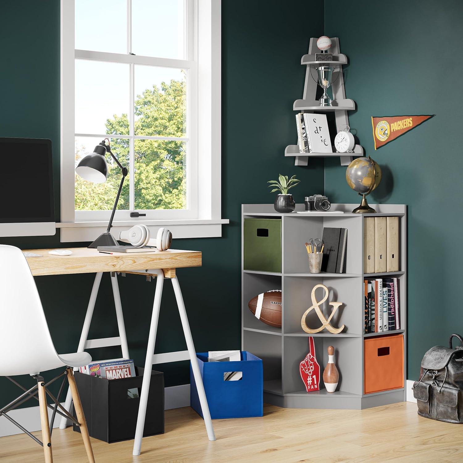 Gray Kids Corner Cabinet with 6 Cubbies and 3 Shelves