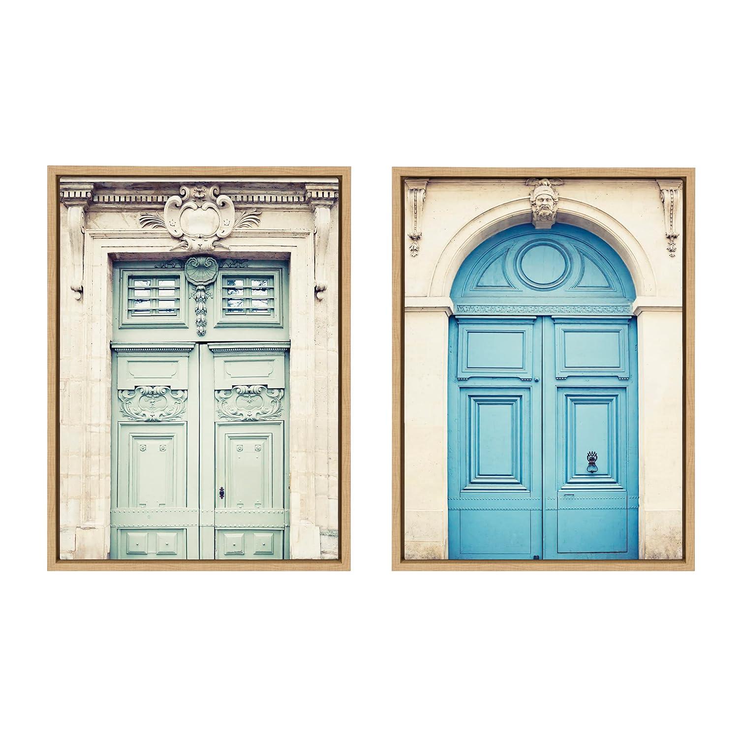 Kate and Laurel Sylvie Classic Parisian Door and Blue Paris Door Framed Canvas Wall Art Set by Caroline Mint, 2 piece 18x24 Natural, French Architecture Wall Art Set for Home Decor