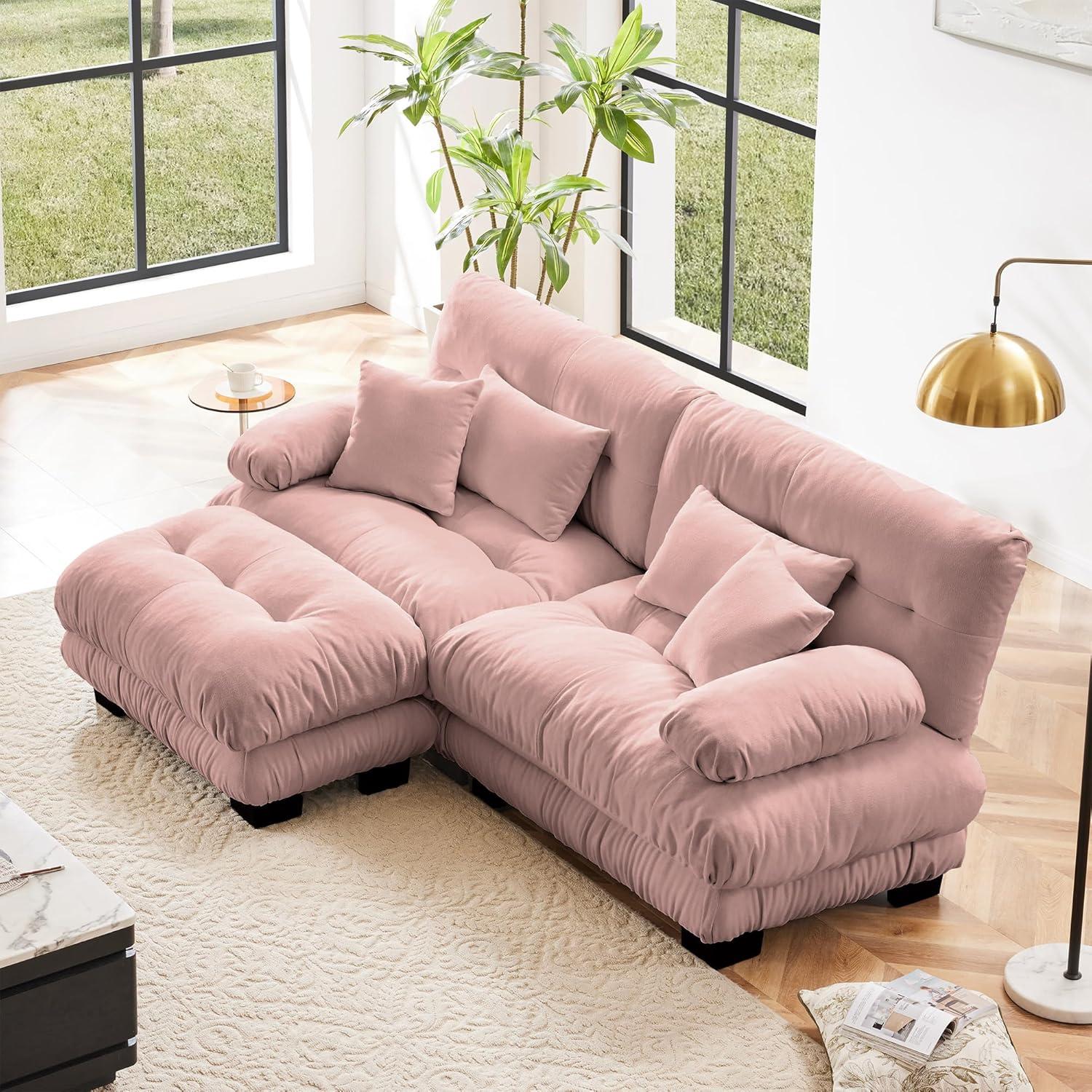 FFH Loveseat with Ottoman, 94.4" Oversized Cloud Sofa, L-Shaped Sectional Couch for Living Room (Chenille Pink, 2 Seater with 1 Ottoman)