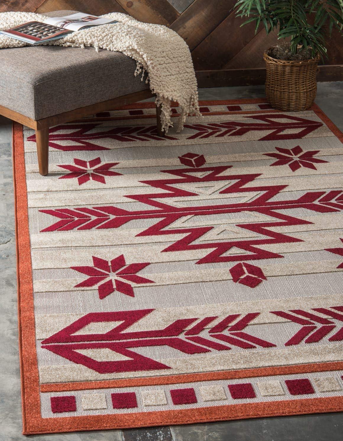 Burgundy and Beige Geometric 8' x 10' Outdoor Area Rug