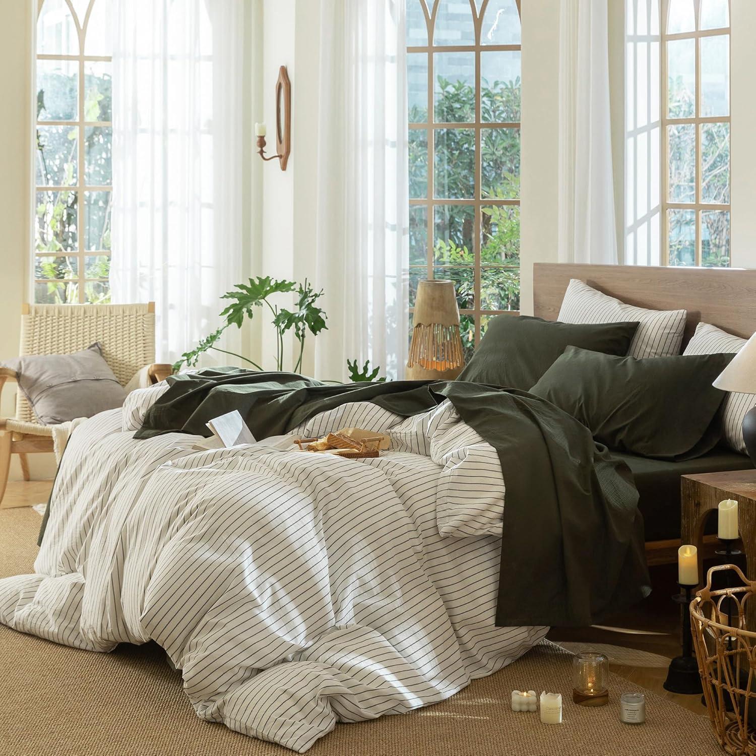 MOOMEE 100% Washed Cotton Linen Like Textured Duvet Cover Set