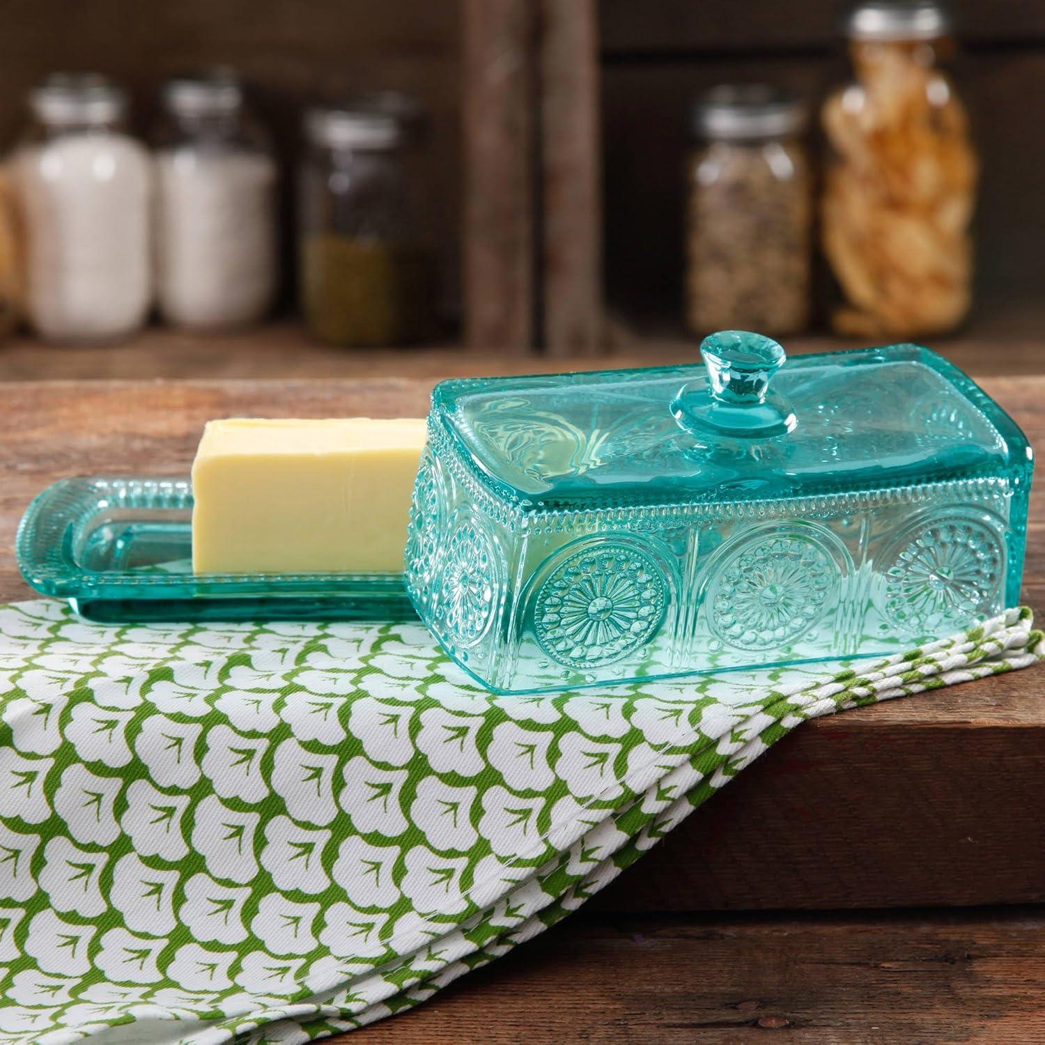 Teal Embossed Glass Butter Dish with Lid