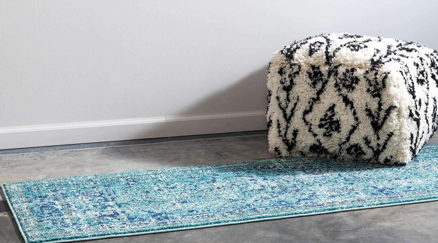 Light Blue Synthetic Stain-Resistant Runner Rug