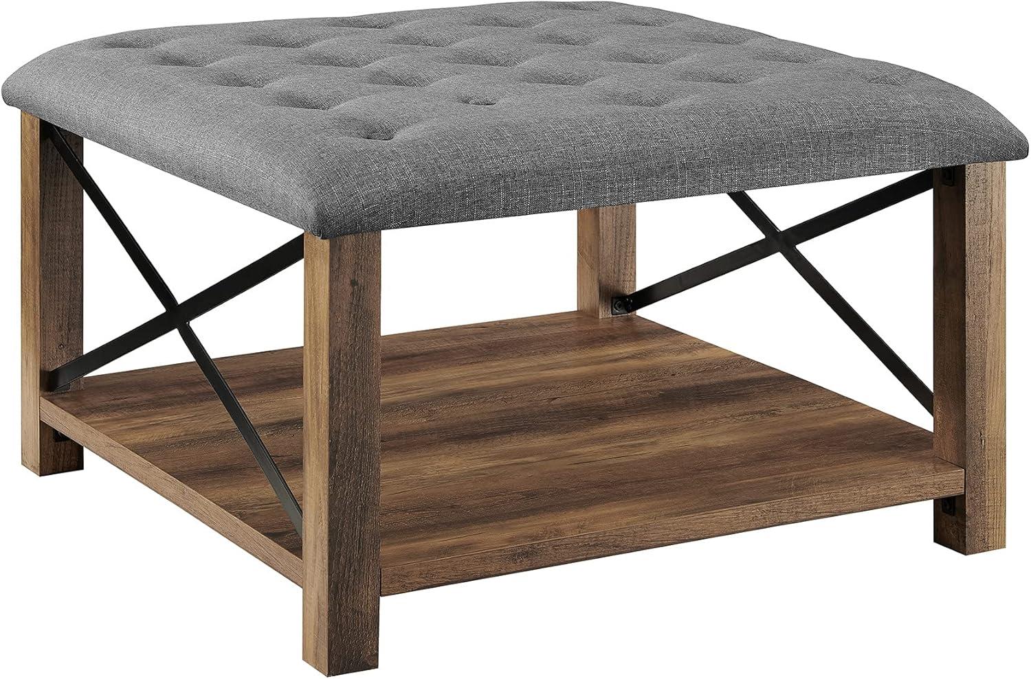 Walker Edison Marcus 30" Square Tufted Fabric Upholstered Ottoman in Gray