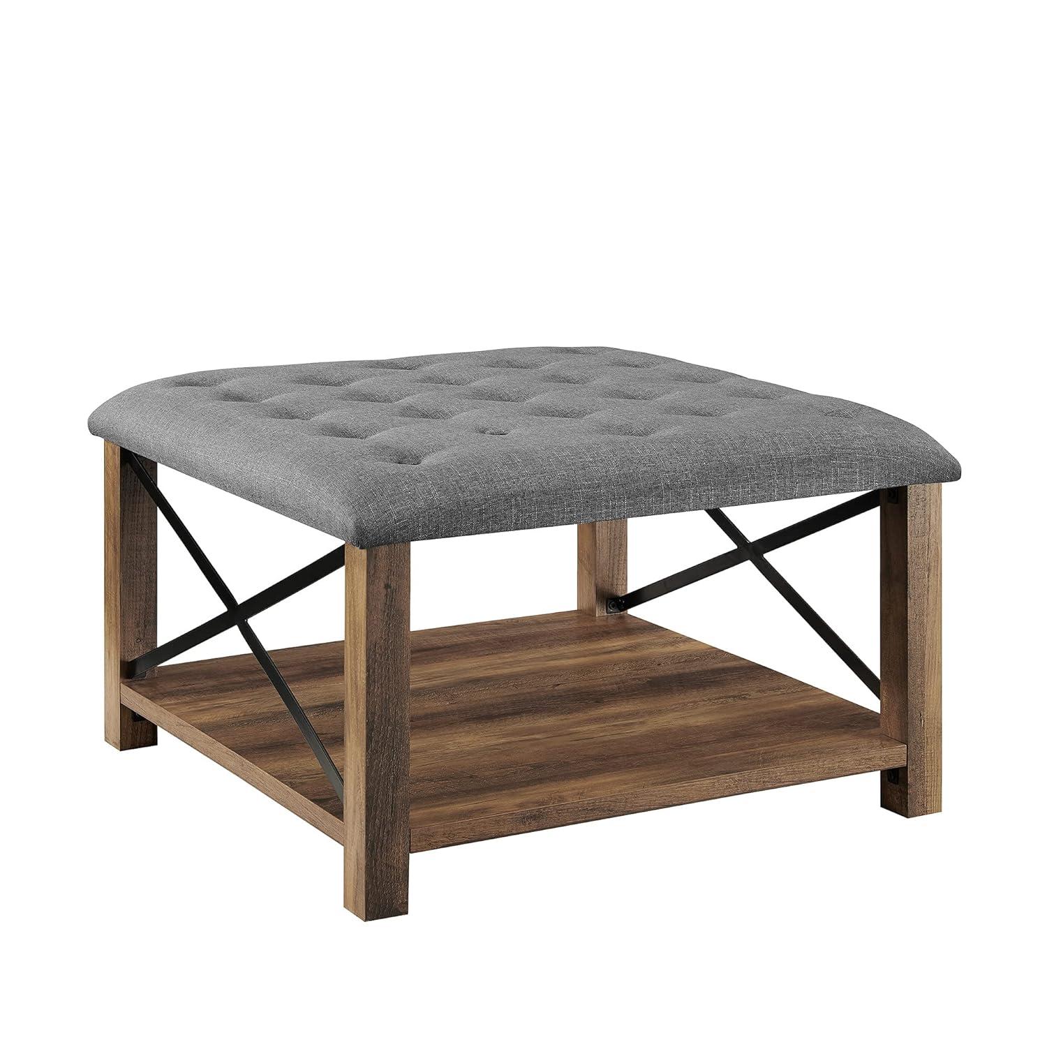 Walker Edison Marcus 30" Square Tufted Fabric Upholstered Ottoman in Gray