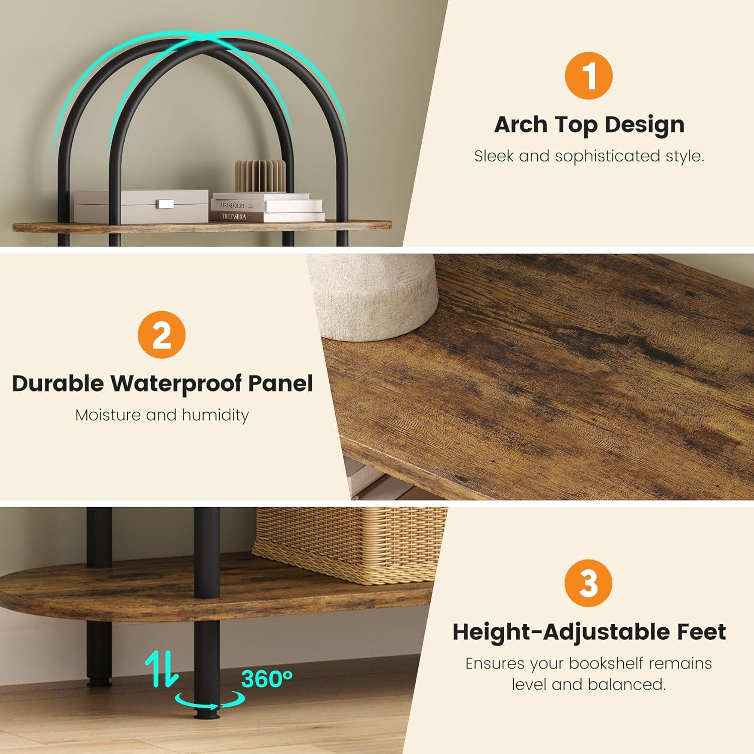 Black and Retro Five-Tier Arched Metal and Wood Bookshelf