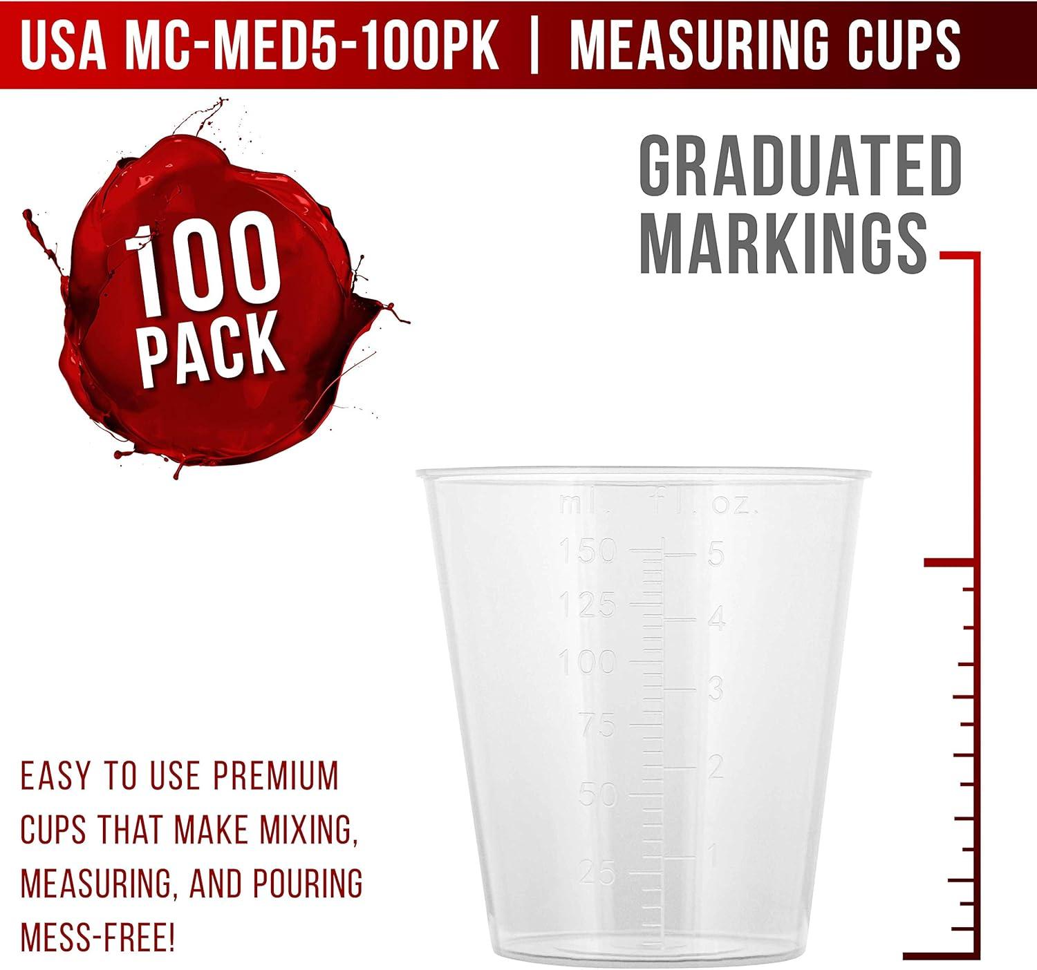 Pouring Masters 5 Ounce (150ml) Graduated Plastic Measuring Cups (100 Clear Cups & 25 Mixing Sticks) - For Acrylic Paint, Resin, Epoxy, Art, Kitchen Cooking, Medicine, Laboratory - OZ, ML Measurements