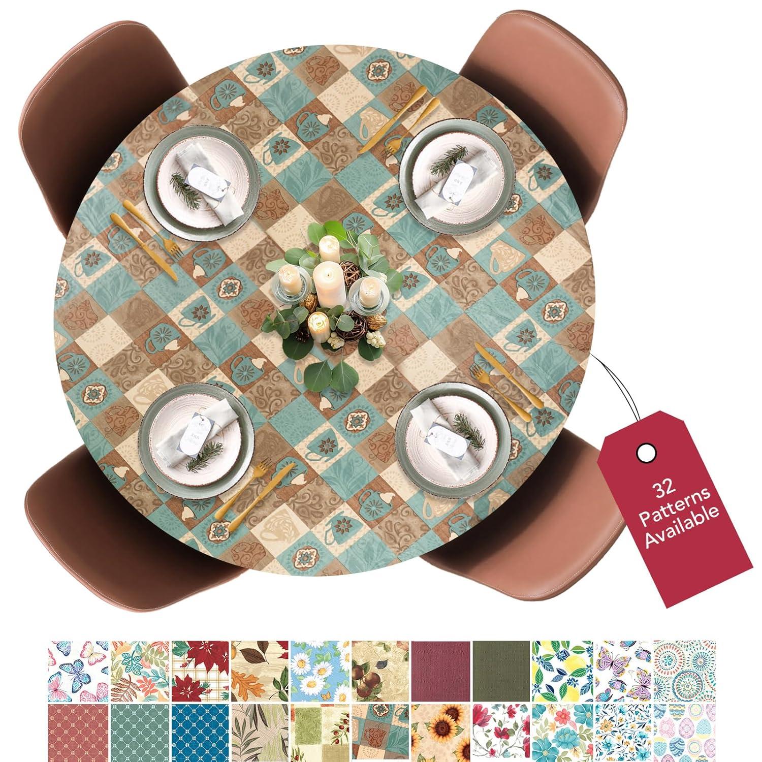 Covers For The Home Deluxe Elastic Edged Flannel Backed Vinyl Fitted Table Cover - Global Coffee Pattern - Small Round - Fits Tables up to 40" - 44" Diameter (ETCOF48)