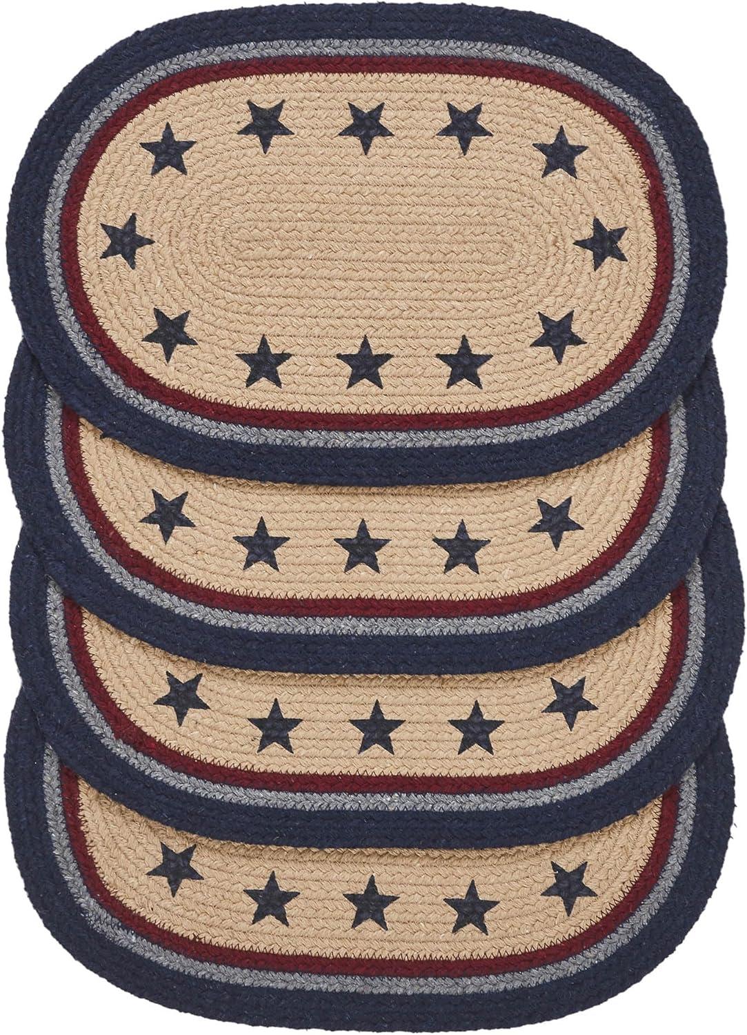 VHC Brands Braided Cotton Placemat 10x15 Set of 4, Cotton Dining Room, Kitchen Placemat, Dining Table Placemats, Woven Place Mat, Stenciled, My Country Collection, Oval 10x15, Stars, Navy