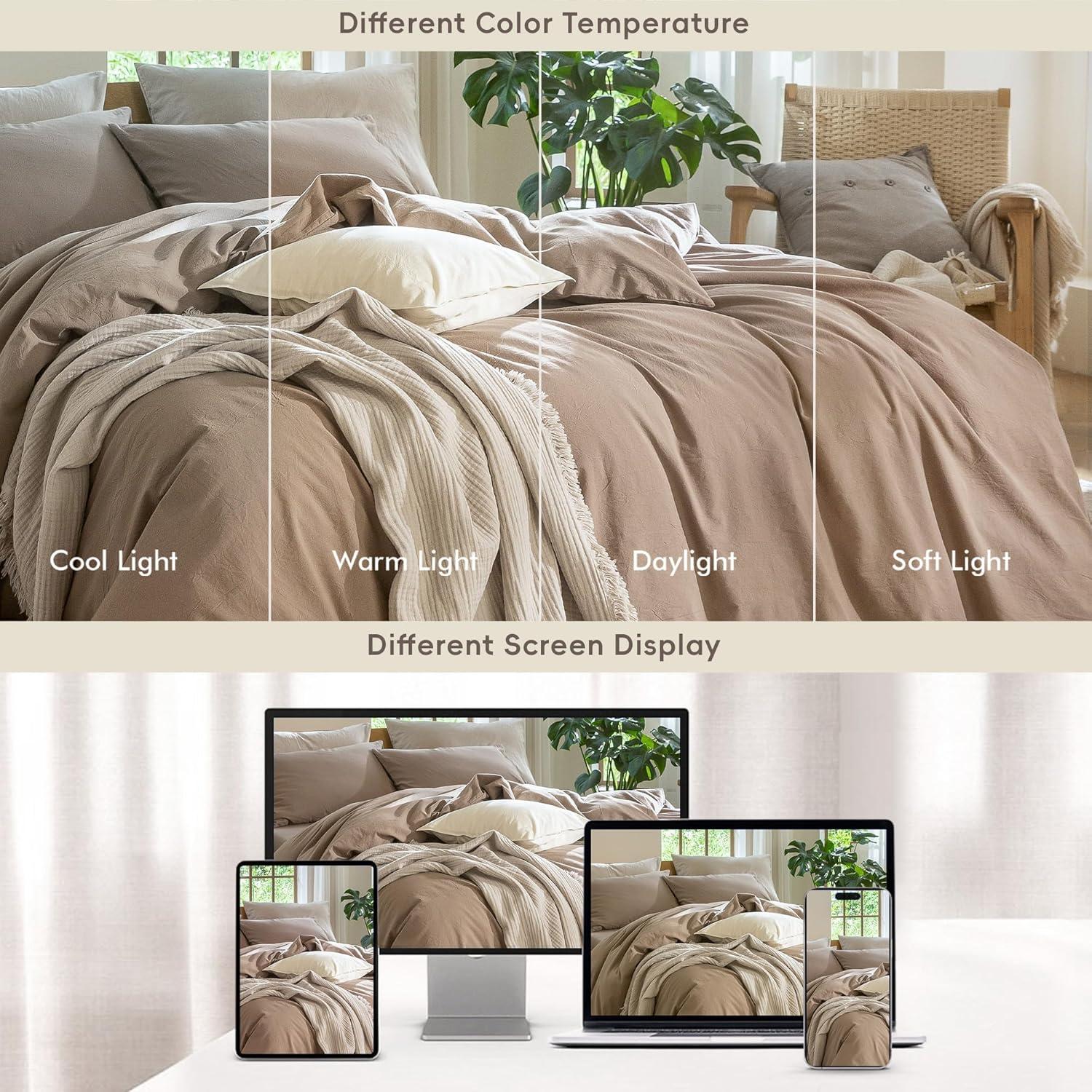 MooMee Washed Cotton Duvet Cover Set Linen Like Textured Breathable 3-Piece (Mocha Brown, Queen)