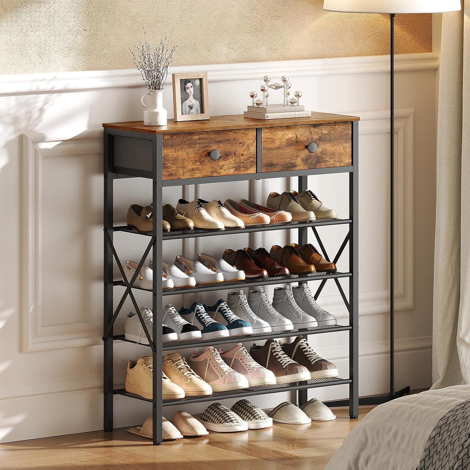 VASAGLE 5 Tier Shoe Rack for Entryway - Industrial Style Shoe Storage Organizer for 16-20 Pairs - Sturdy Wooden Top, Steel Frame - Rustic Brown/Black