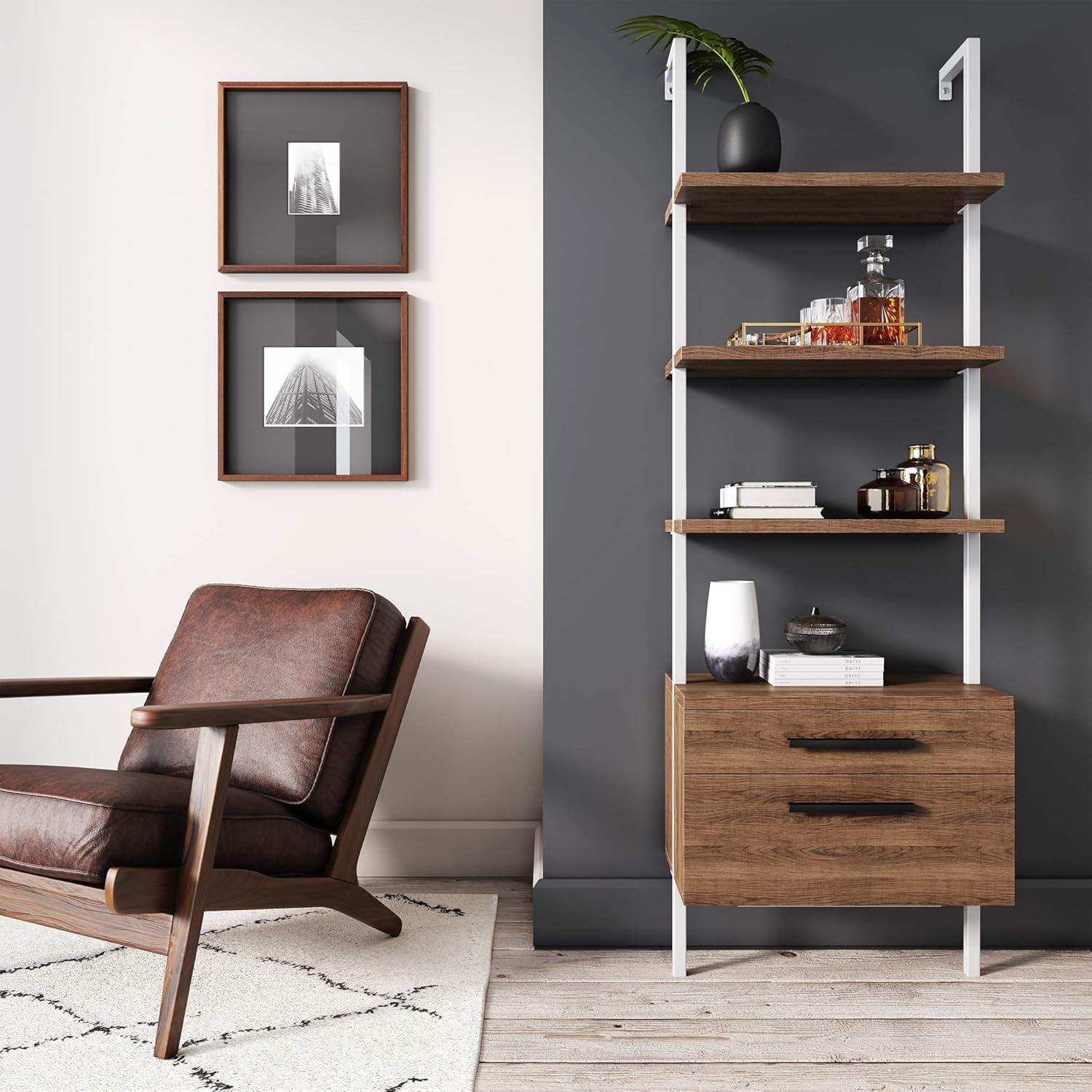 Nathan James Theo Open Shelf Bookcase with Drawers in Rustic Oak Wood and White Steel Frame