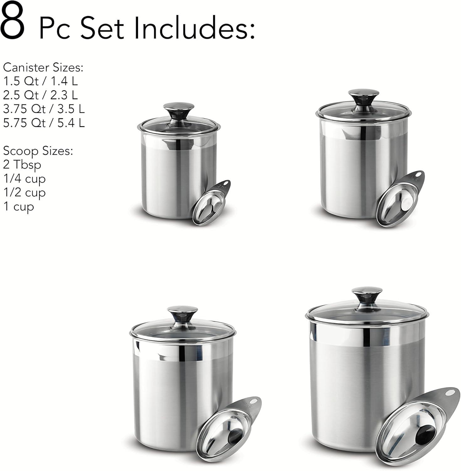 Stainless Steel 8-Piece Canister and Scoop Set with Glass Lids