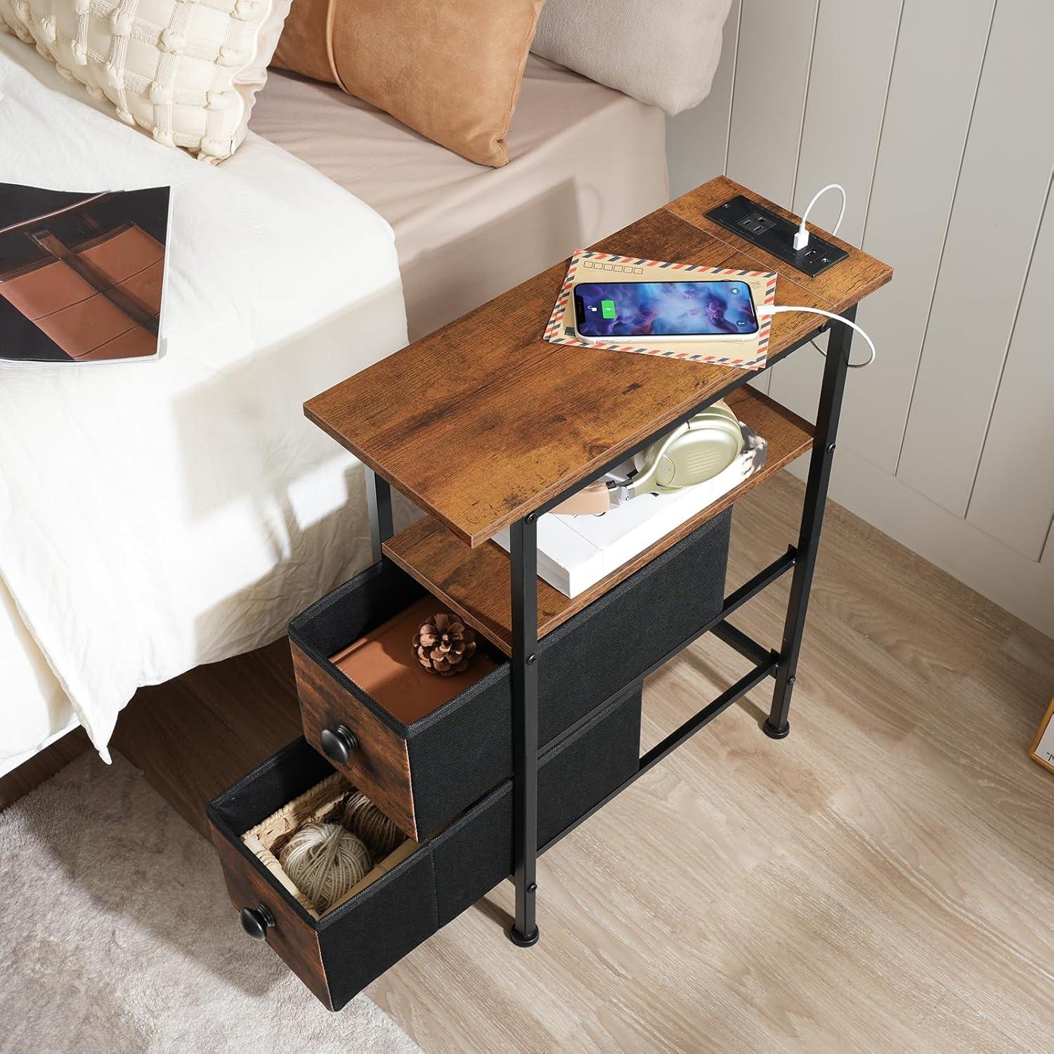 Rustic Brown and Black Metal End Table with Storage