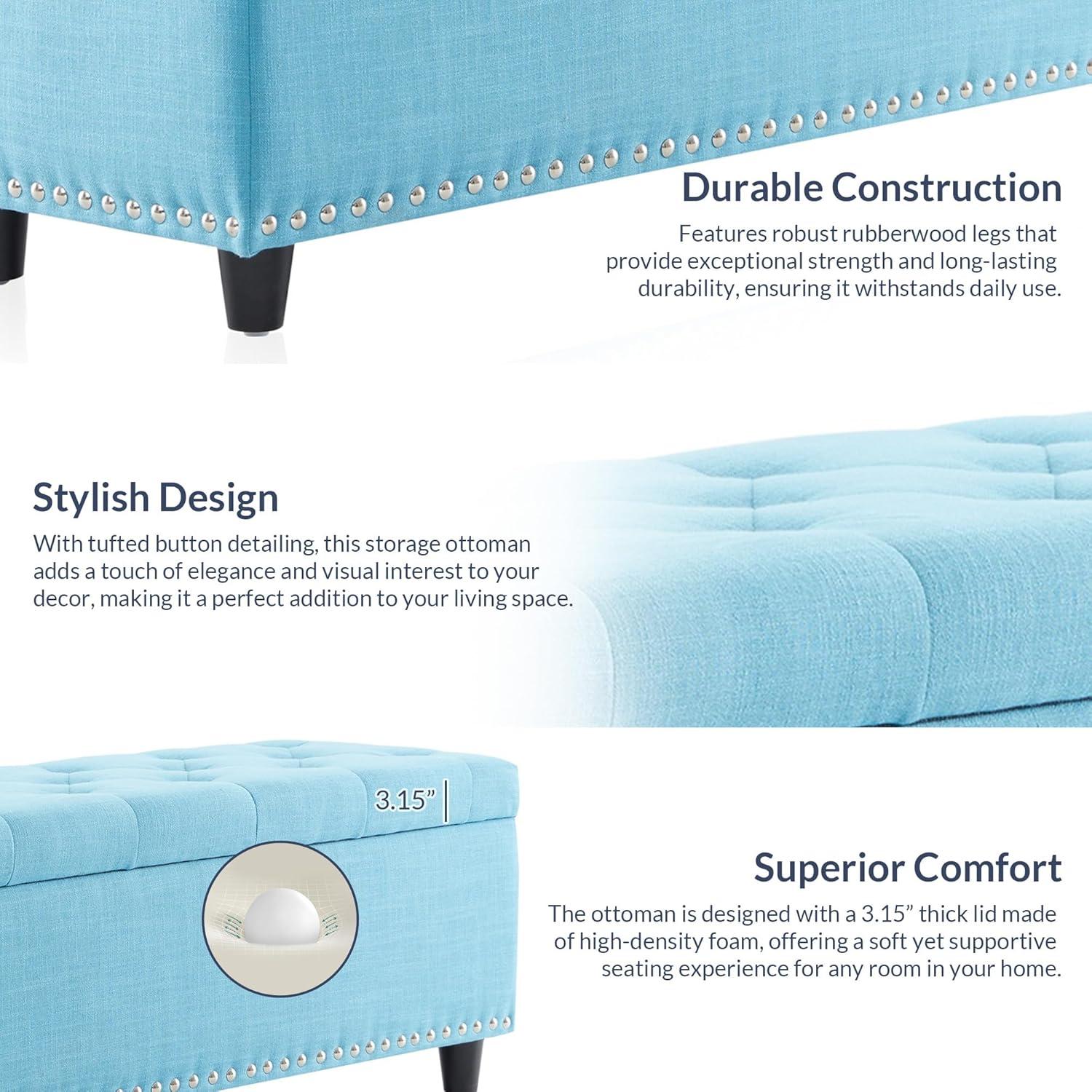 BELLEZE Button-Tufted Linen Storage Ottoman Bench - Brentwood (Blue)