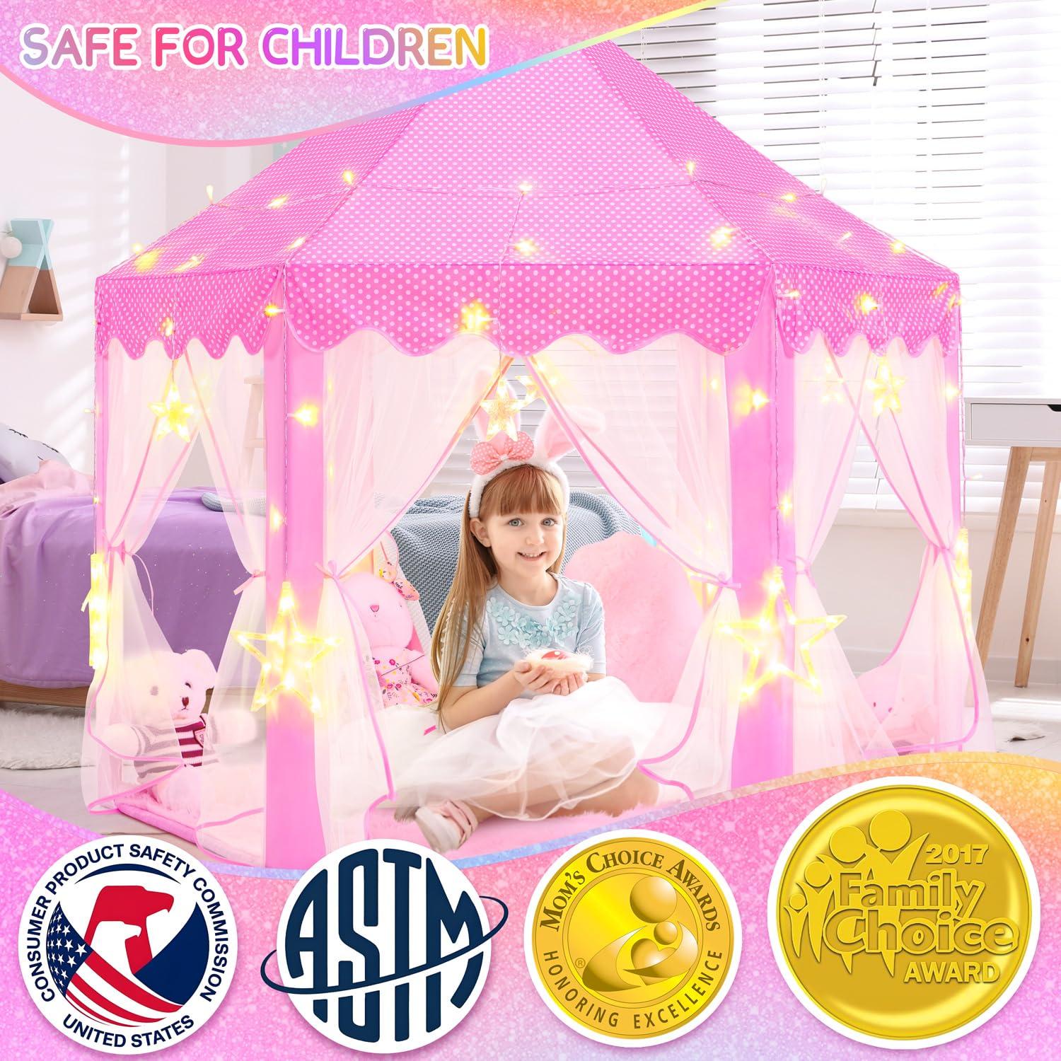 EVOIONOS Princess Tent for Girls, Kids Play Tent with LED Star Lights, Castle Playhouse for Children Indoor Outdoor Games, 55X53 inches, Pink