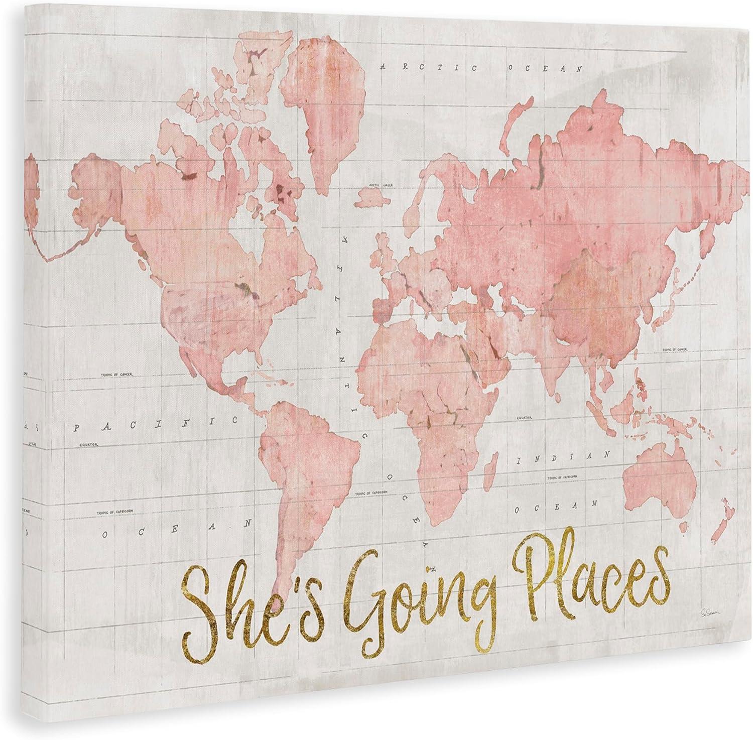 Stupell Industries She's Going Places Quote Pink Watercolor World Map by Sue Schlabach - Print